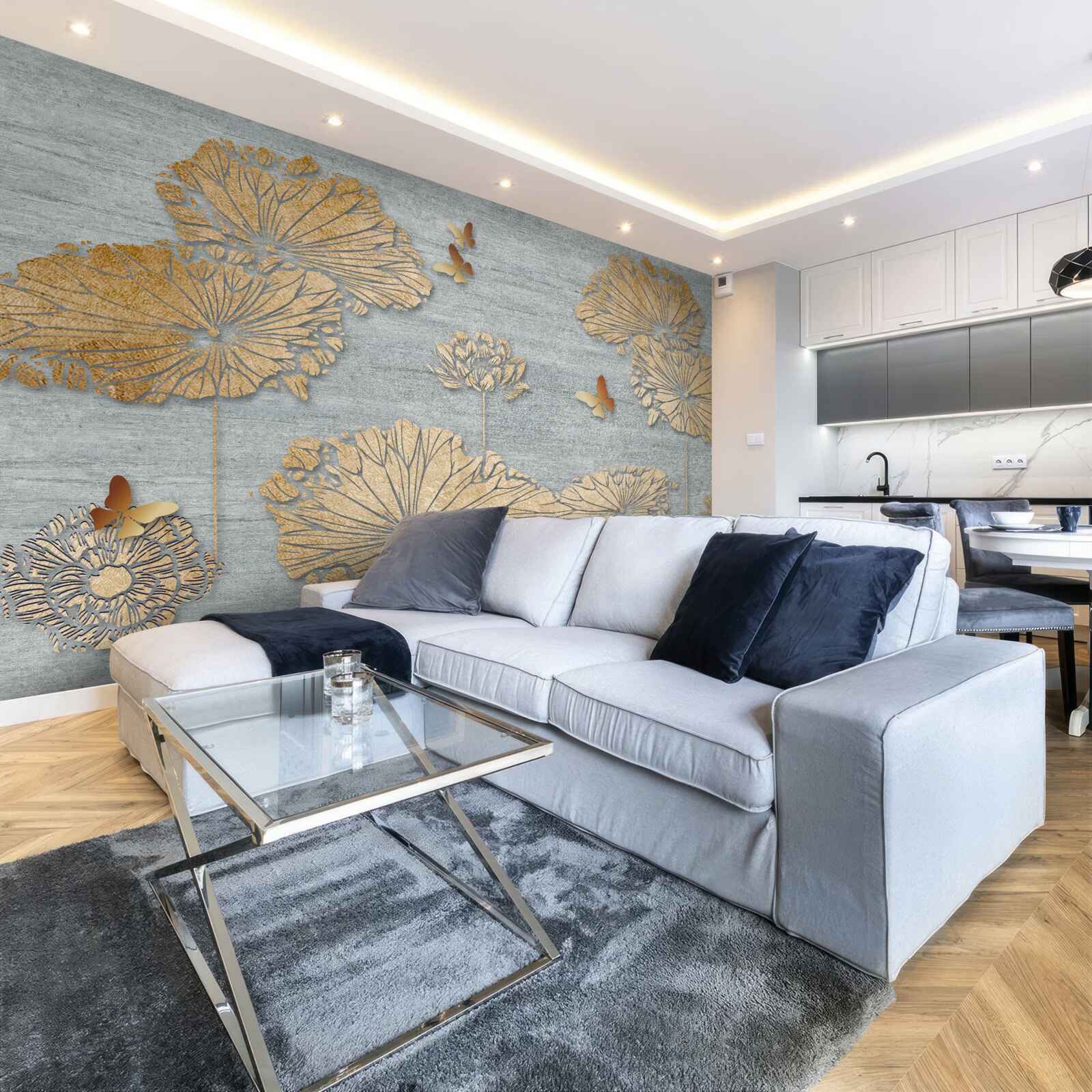 Fototapeta motýle a zlaté listy na vodnej hladine