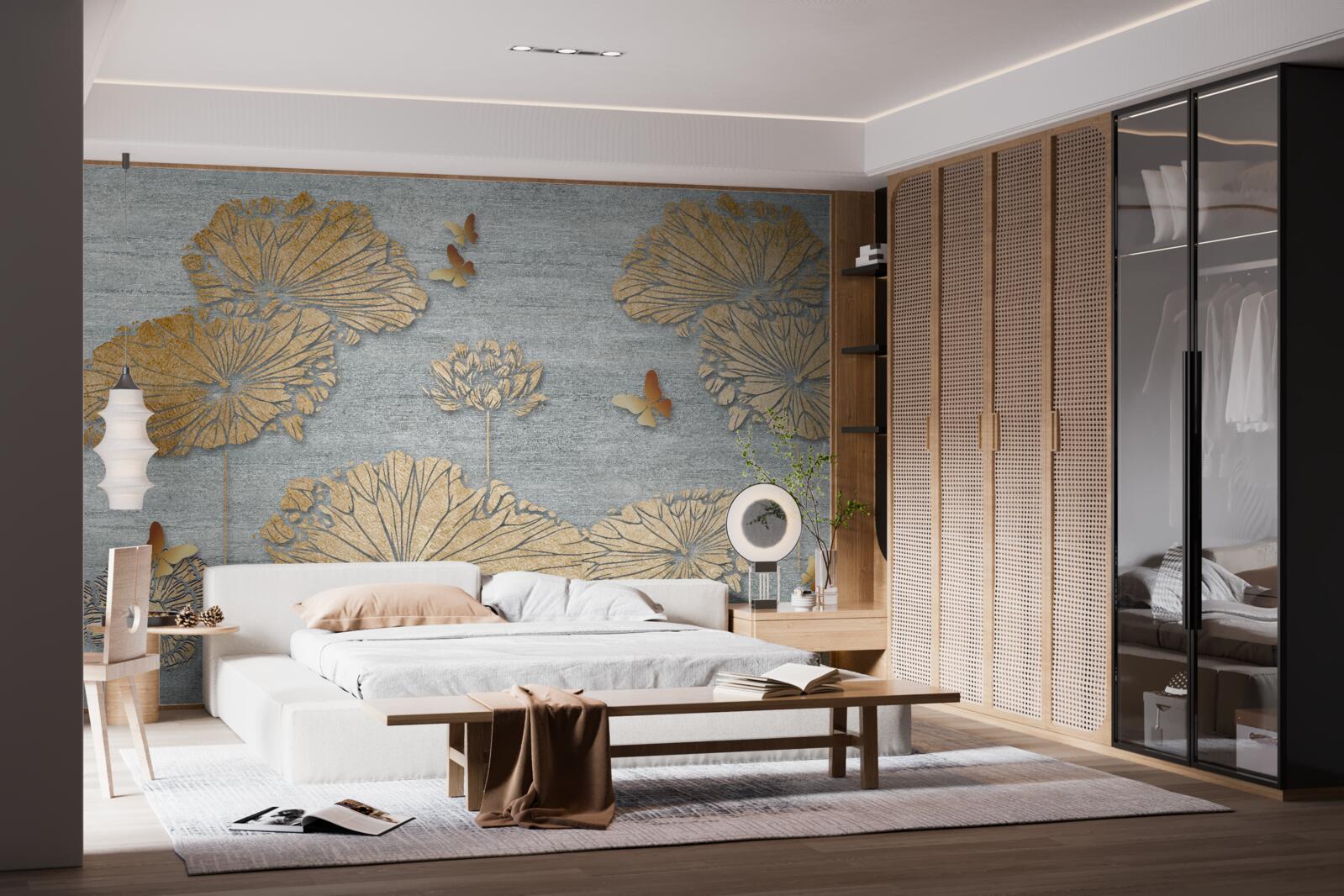 Fototapeta motýle a zlaté listy na vodnej hladine