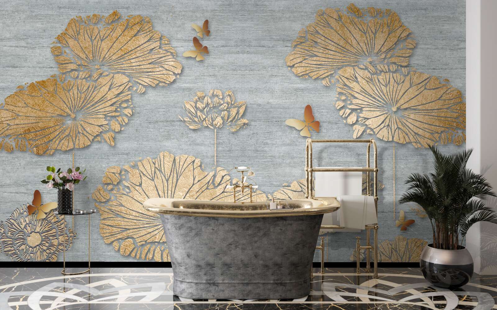 Fototapeta motýle a zlaté listy na vodnej hladine