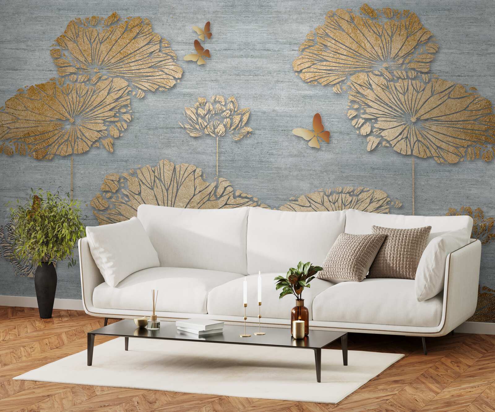 Fototapeta motýle a zlaté listy na vodnej hladine