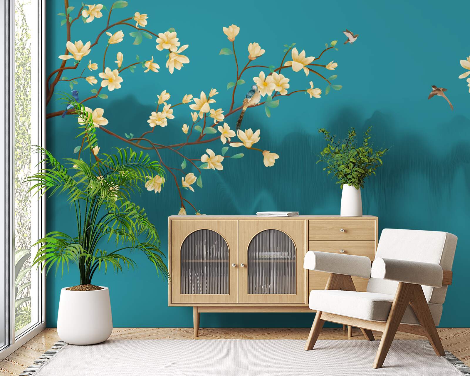 Fototapeta Žltá magnólia v plnom kvete nad mystickou hmlistou vodou