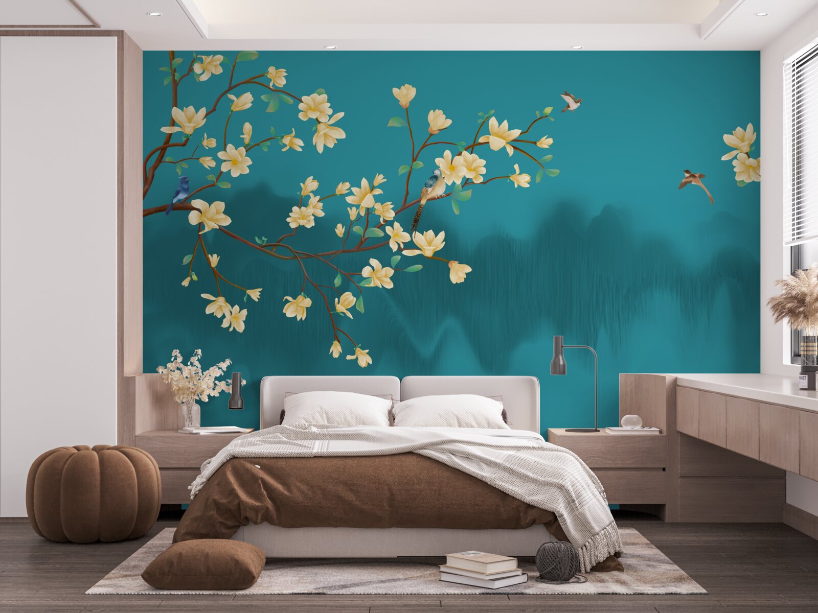 Fototapeta Žltá magnólia v plnom kvete nad mystickou hmlistou vodou