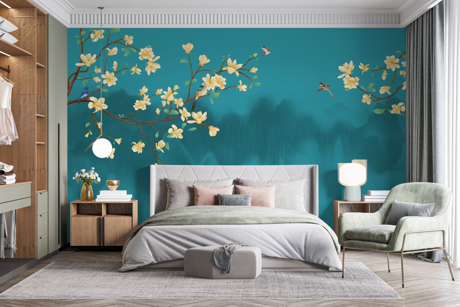 Fototapeta Žltá magnólia v plnom kvete nad mystickou hmlistou vodou