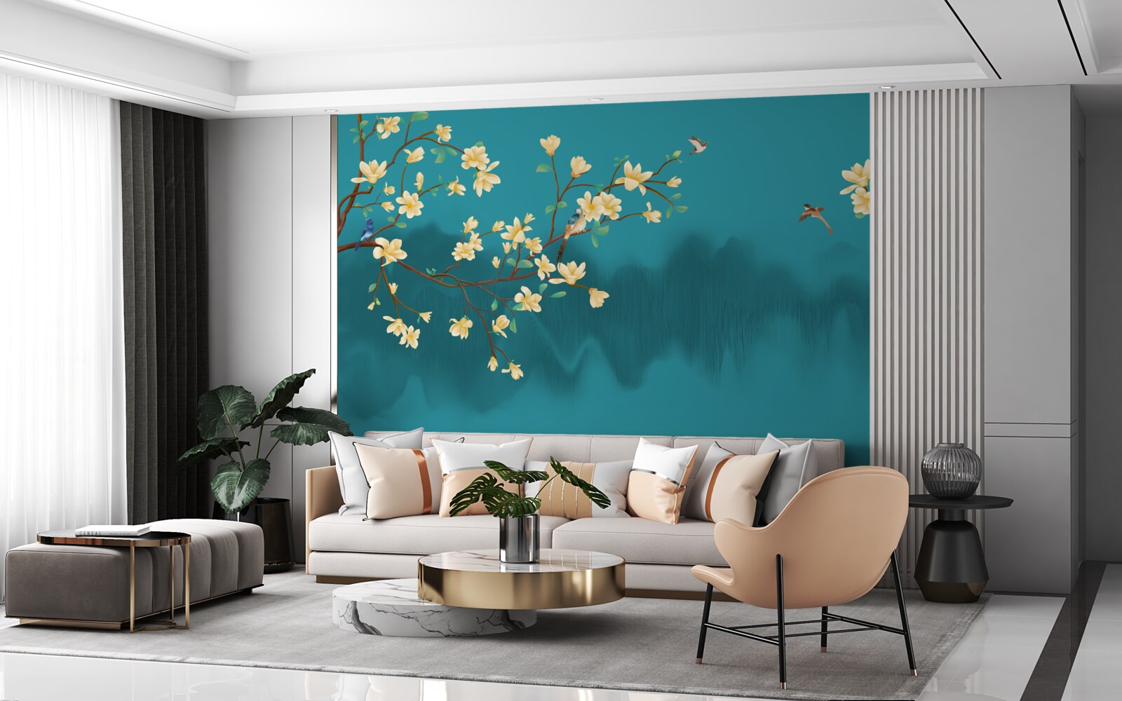 Fototapeta Žltá magnólia v plnom kvete nad mystickou hmlistou vodou