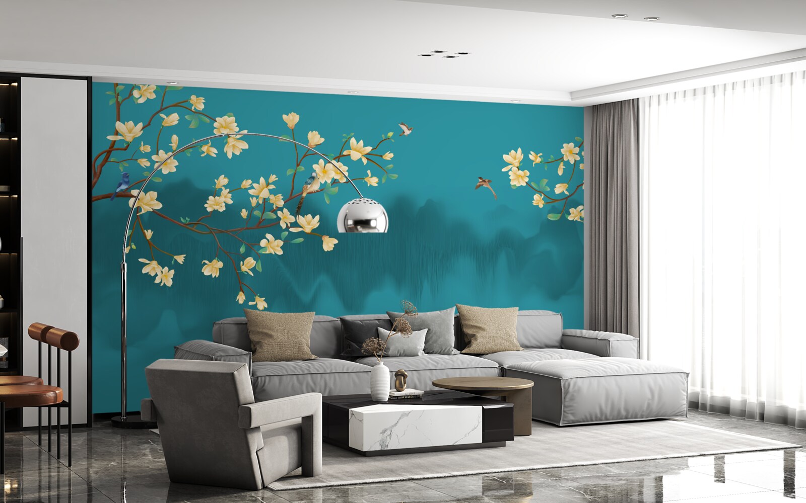 Fototapeta Žltá magnólia v plnom kvete nad mystickou hmlistou vodou