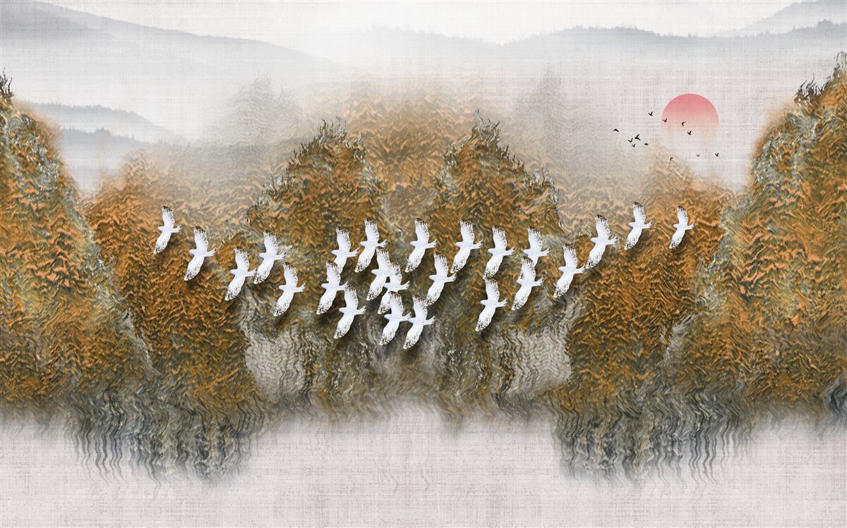 Fototapeta skupina vtákov pretína oblohu a vznáša sa nad stromami a vodou