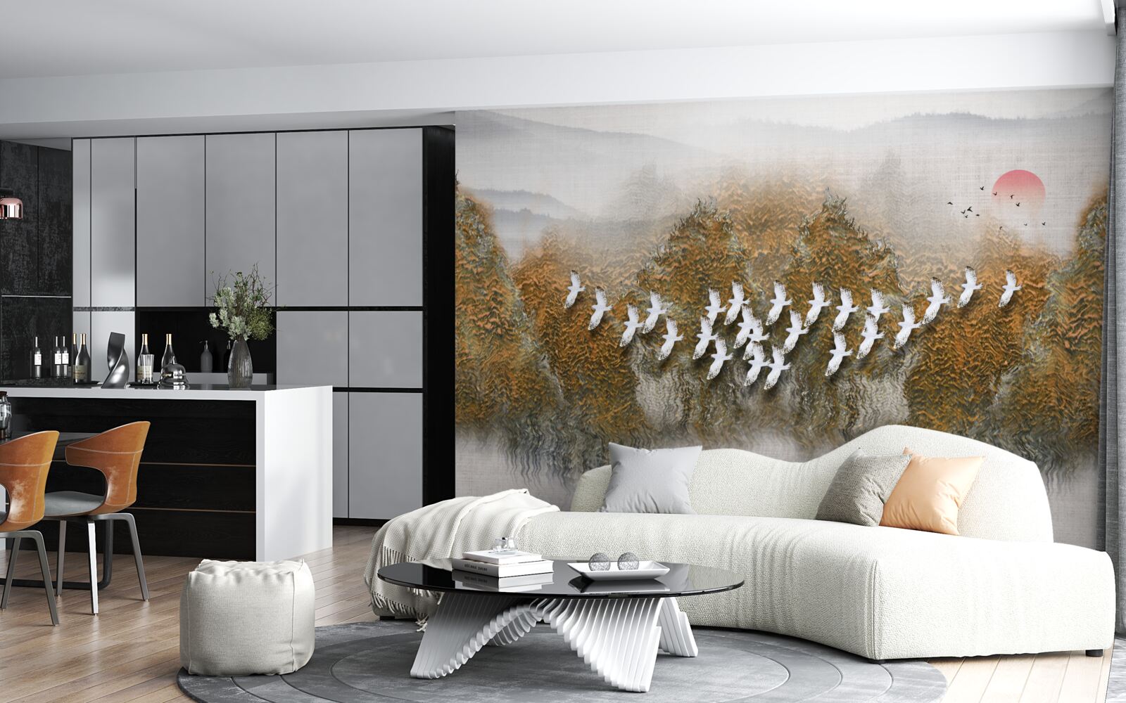 Fototapeta skupina vtákov pretína oblohu a vznáša sa nad stromami a vodou