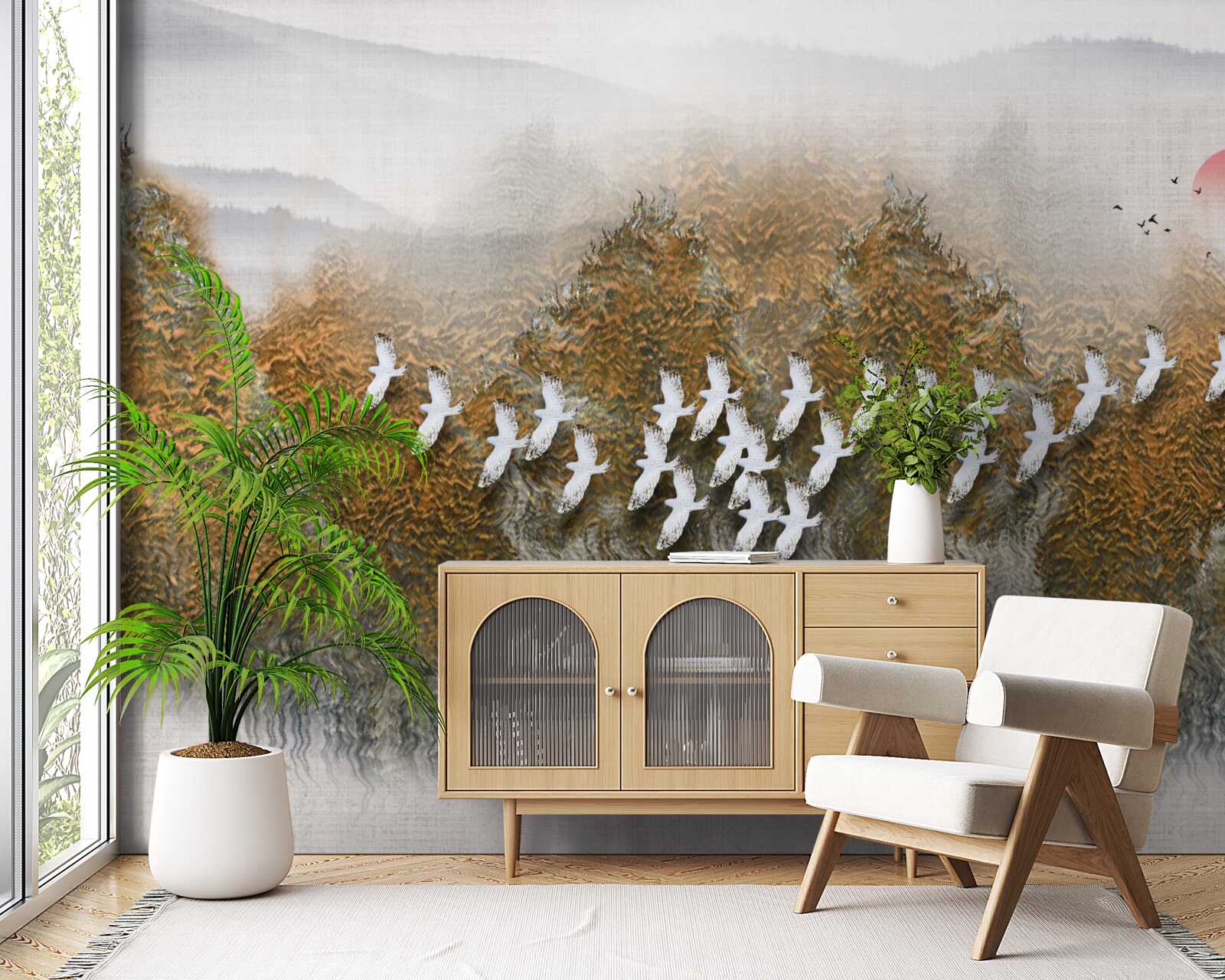 Fototapeta skupina vtákov pretína oblohu a vznáša sa nad stromami a vodou