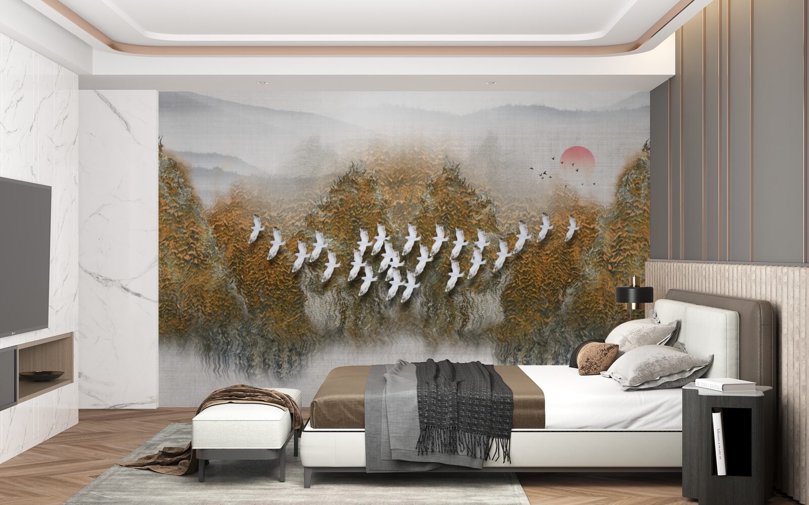 Fototapeta skupina vtákov pretína oblohu a vznáša sa nad stromami a vodou