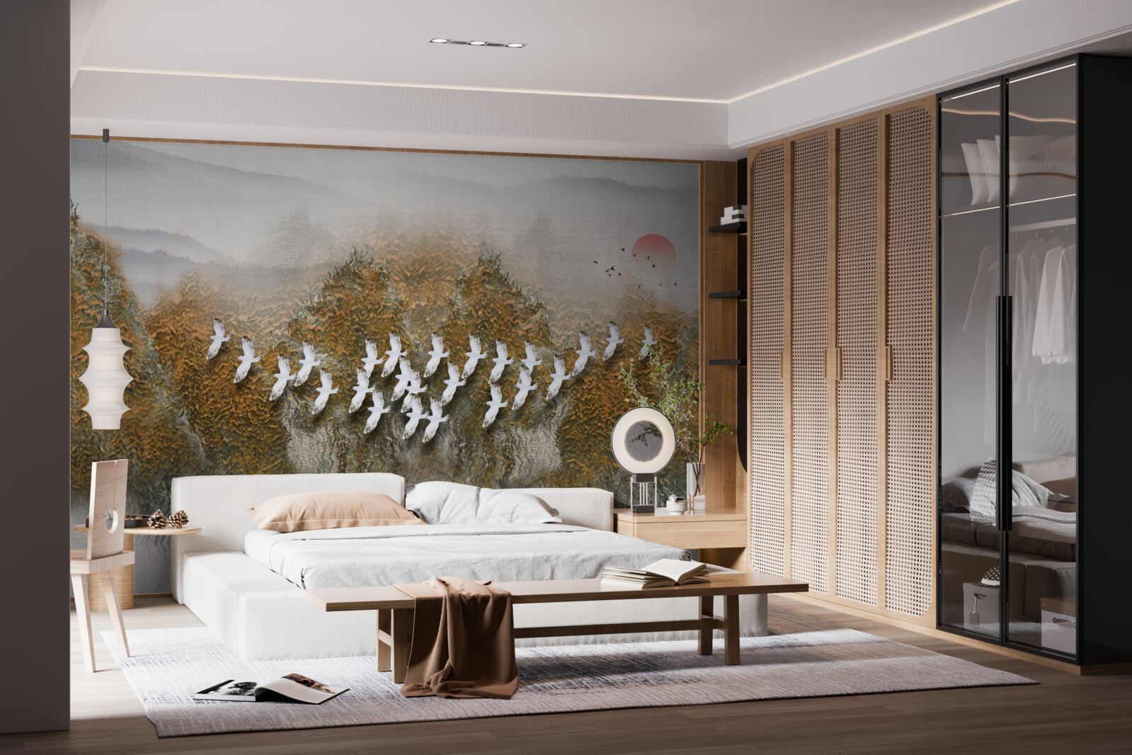 Fototapeta skupina vtákov pretína oblohu a vznáša sa nad stromami a vodou