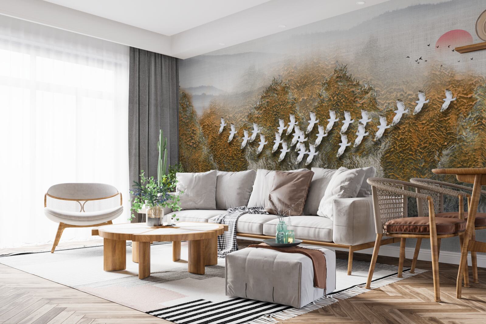 Fototapeta skupina vtákov pretína oblohu a vznáša sa nad stromami a vodou