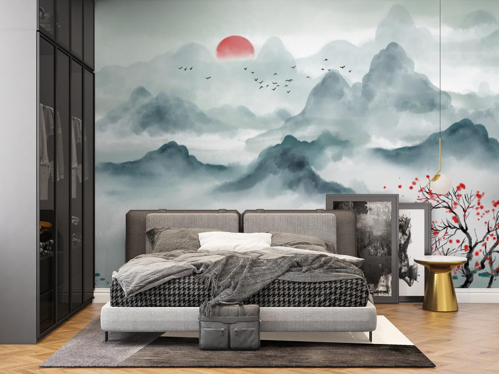 Fototapeta rybár na mystickej horskej nádrži