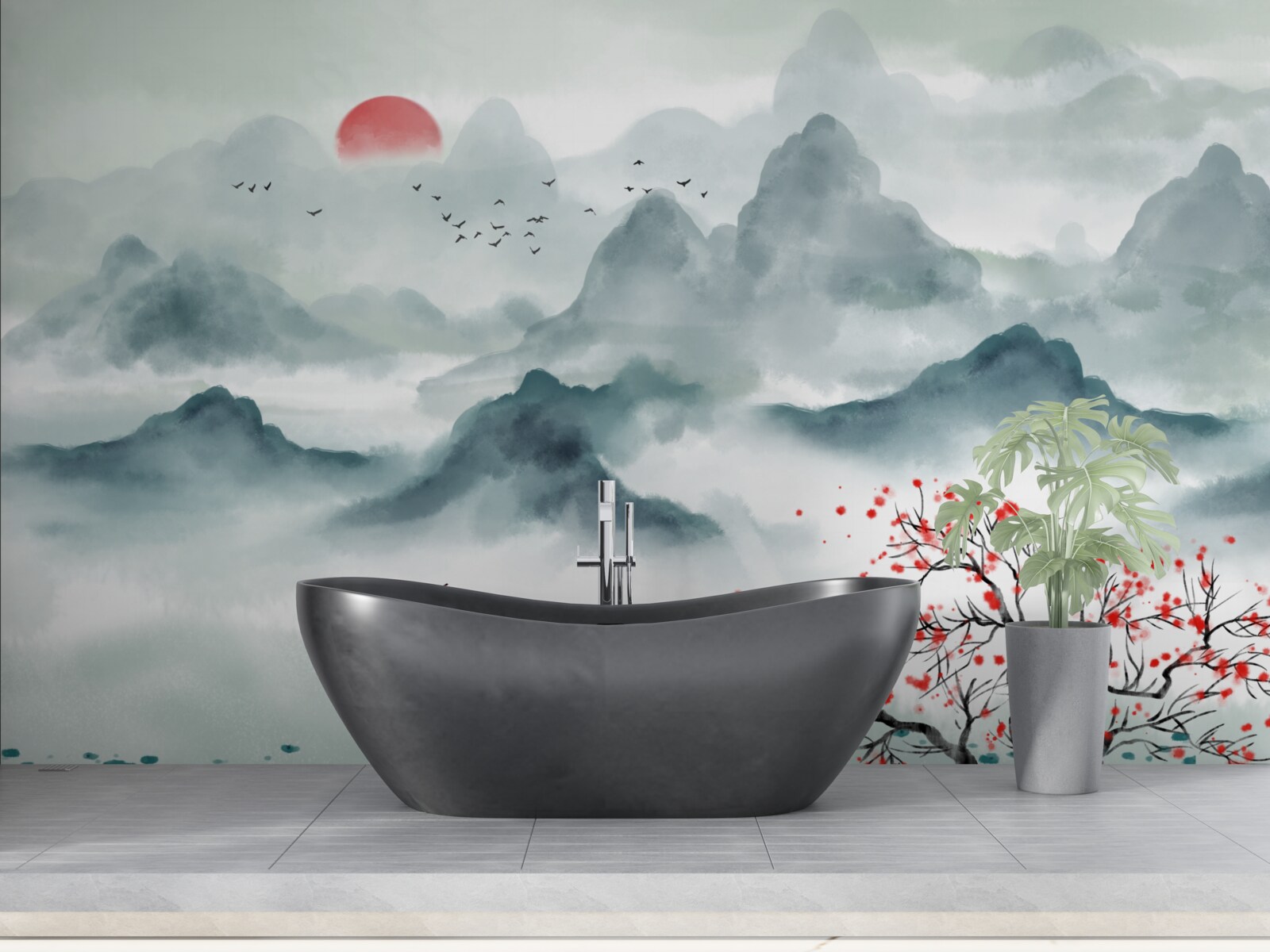 Fototapeta rybár na mystickej horskej nádrži