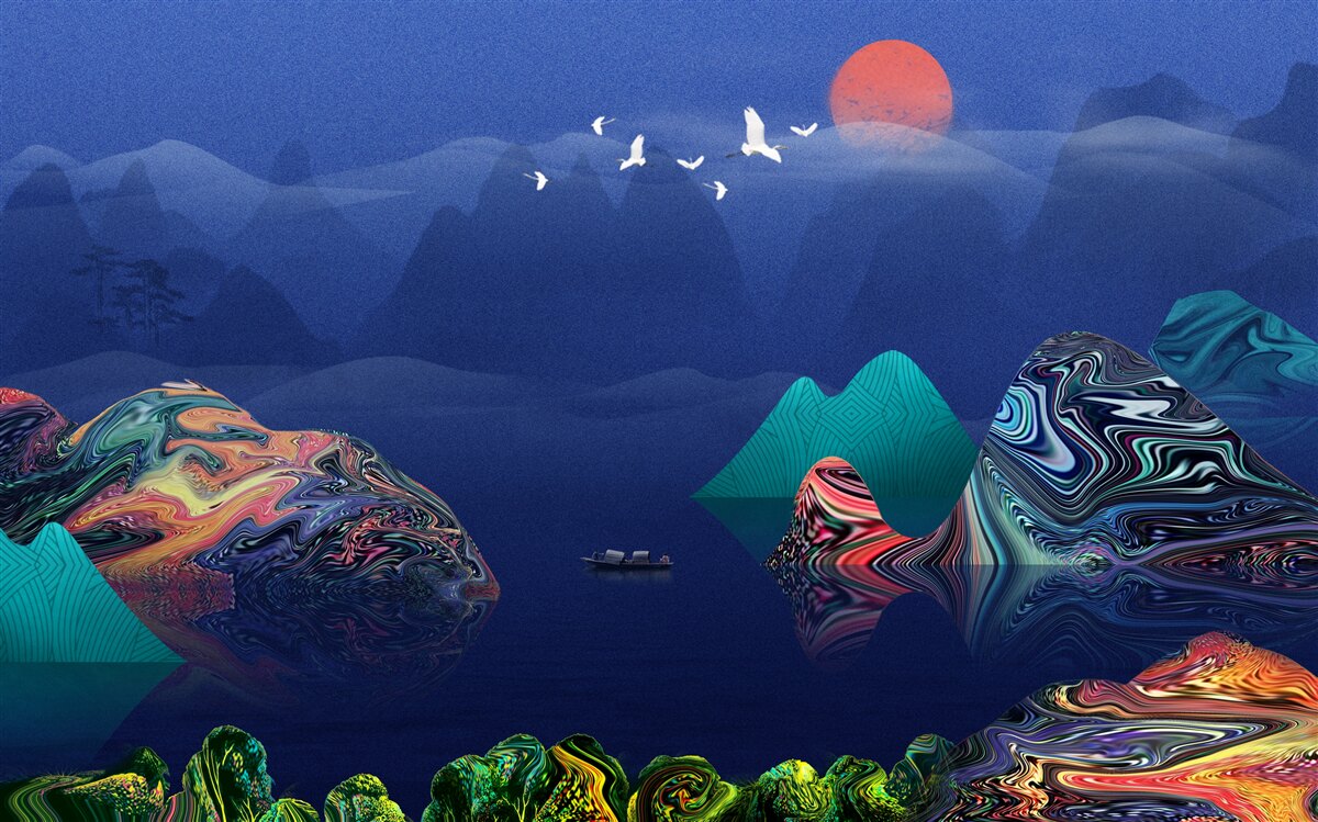 Fototapeta Žeriavy lietajúce nad horskou riekou pri západe slnka