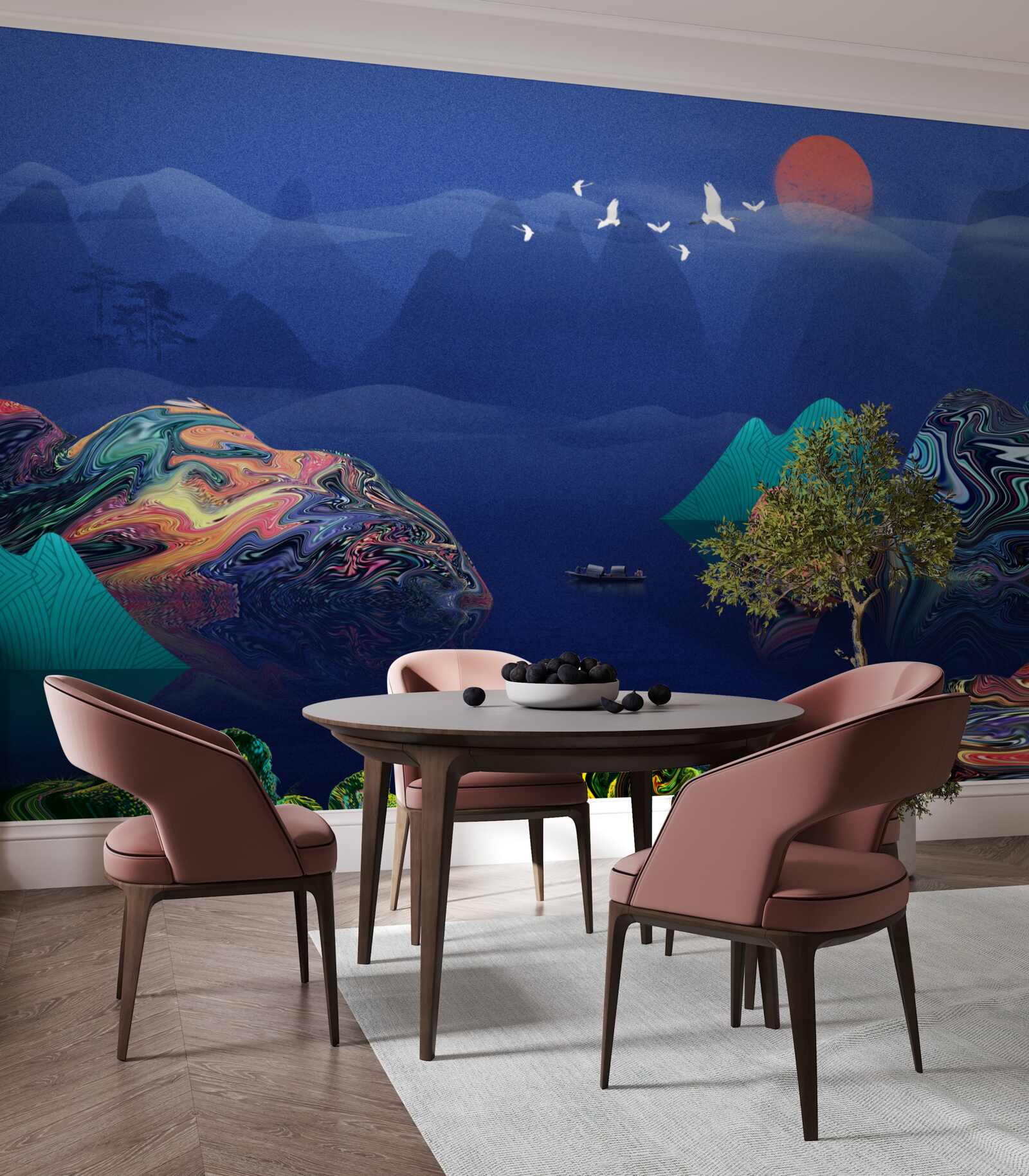 Fototapeta Žeriavy lietajúce nad horskou riekou pri západe slnka