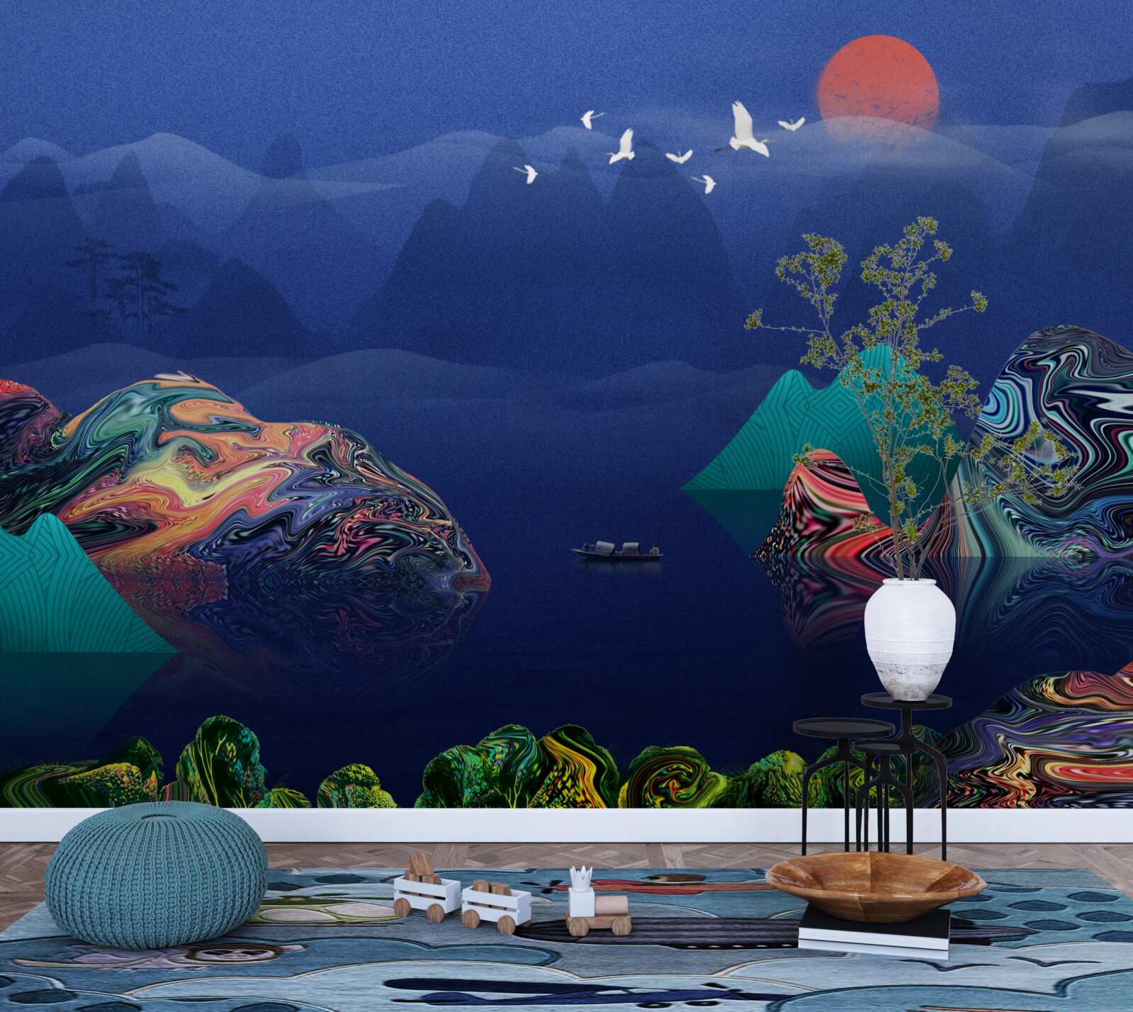 Fototapeta Žeriavy lietajúce nad horskou riekou pri západe slnka