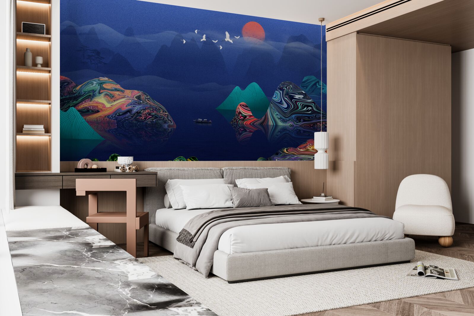 Fototapeta Žeriavy lietajúce nad horskou riekou pri západe slnka