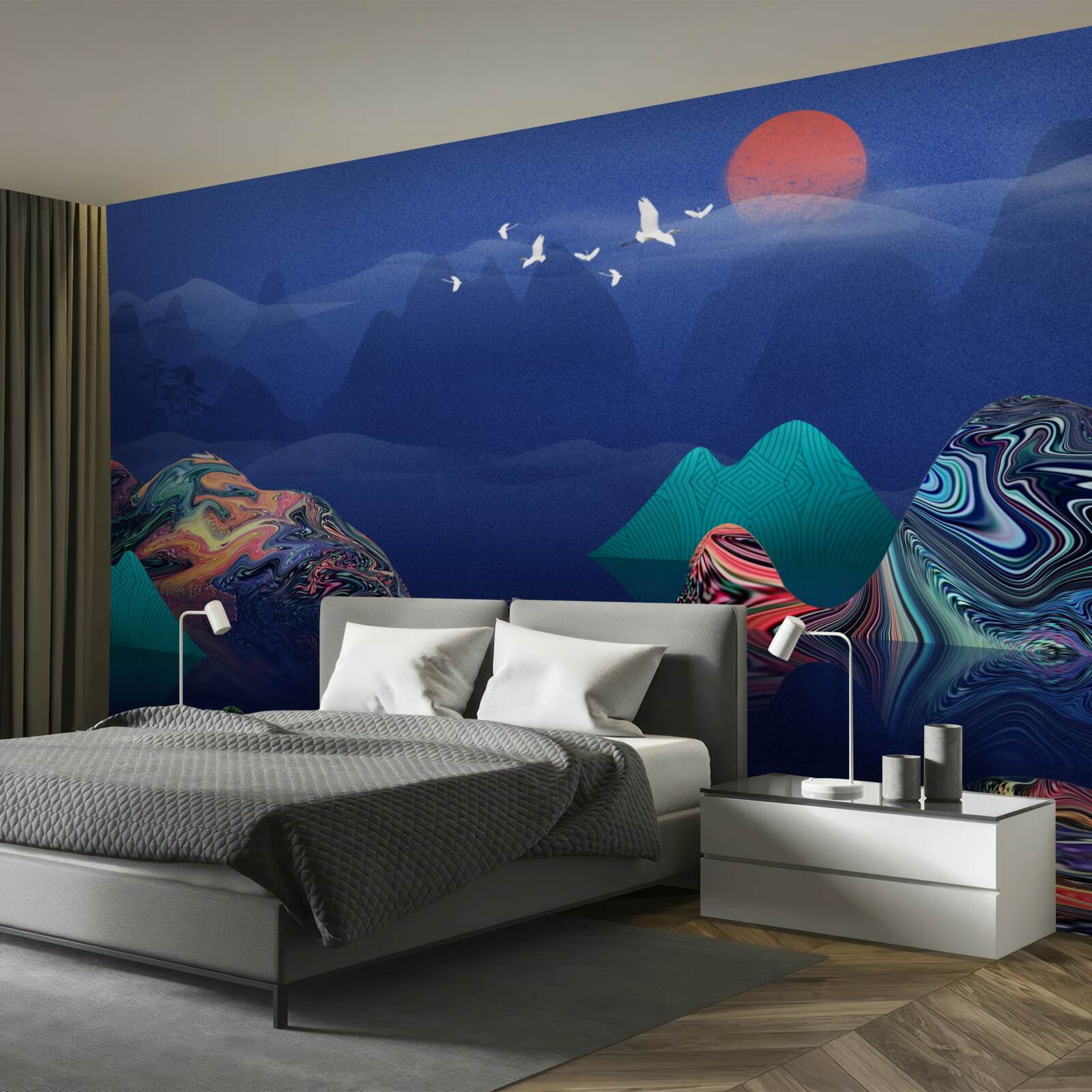 Fototapeta Žeriavy lietajúce nad horskou riekou pri západe slnka