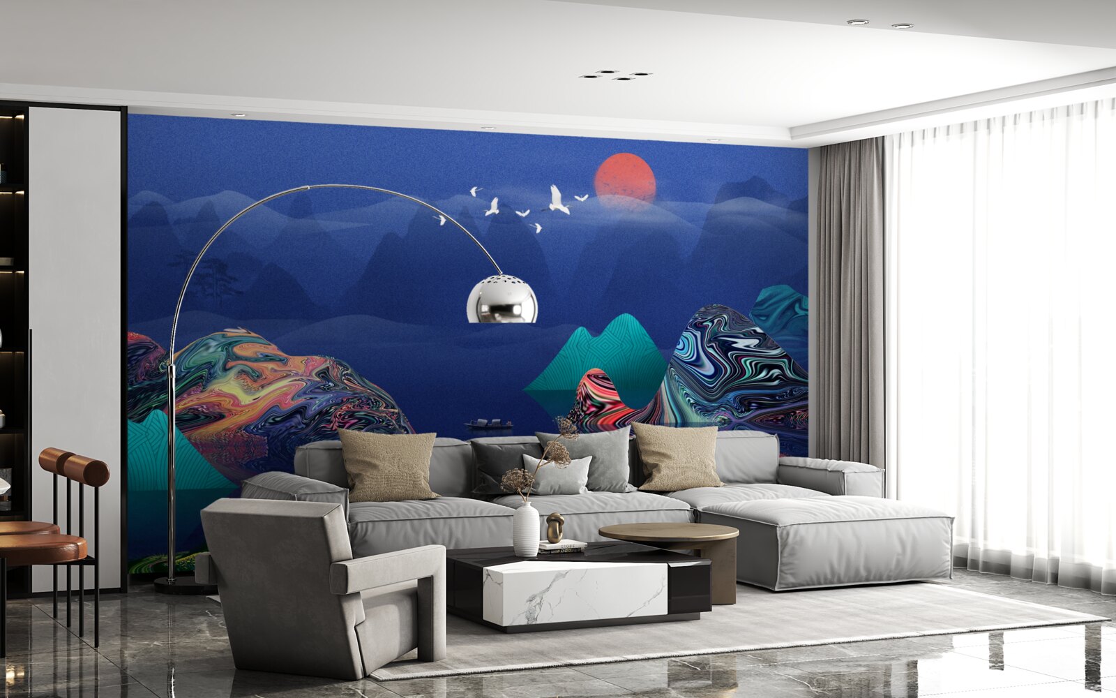 Fototapeta Žeriavy lietajúce nad horskou riekou pri západe slnka