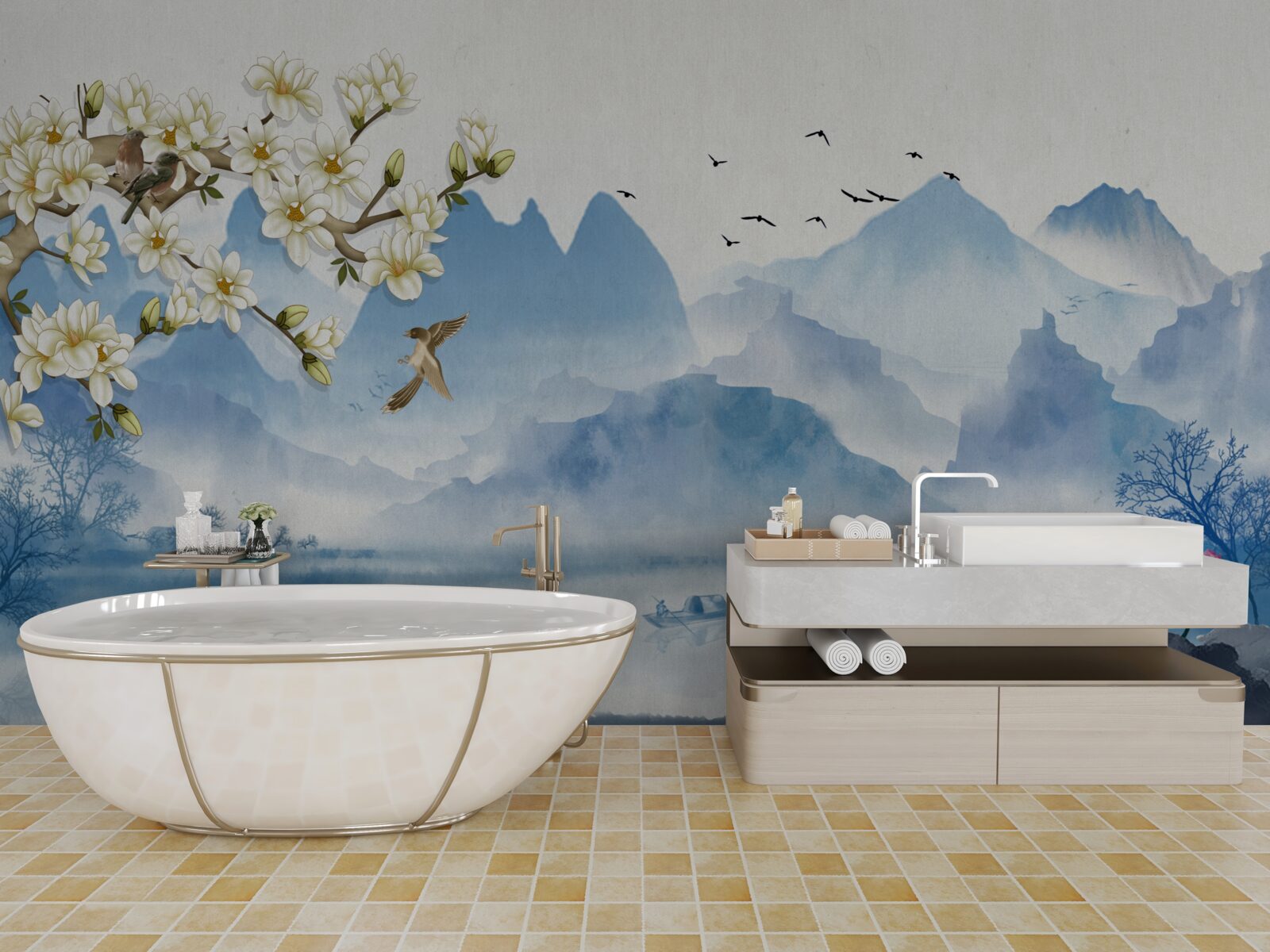 Fototapeta akvarelové maľby horských jazier v Číne