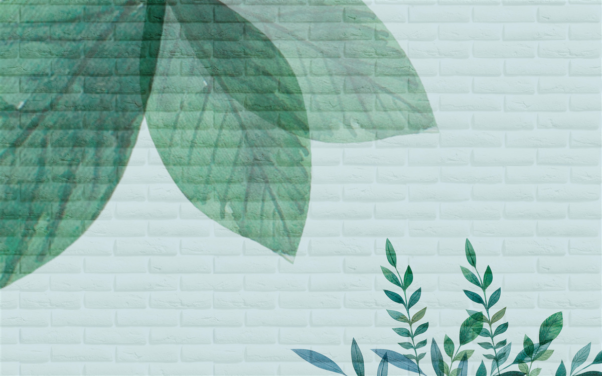 Fototapeta akvarel zelené listy na tehlovej stene