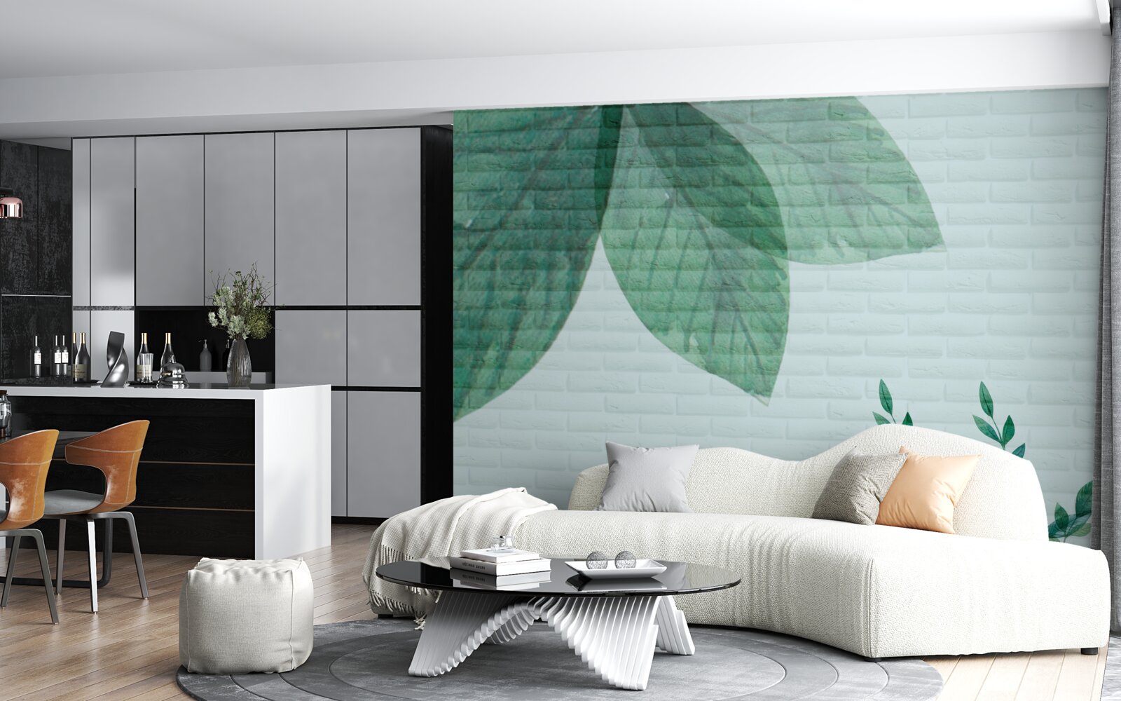 Fototapeta akvarel zelené listy na tehlovej stene