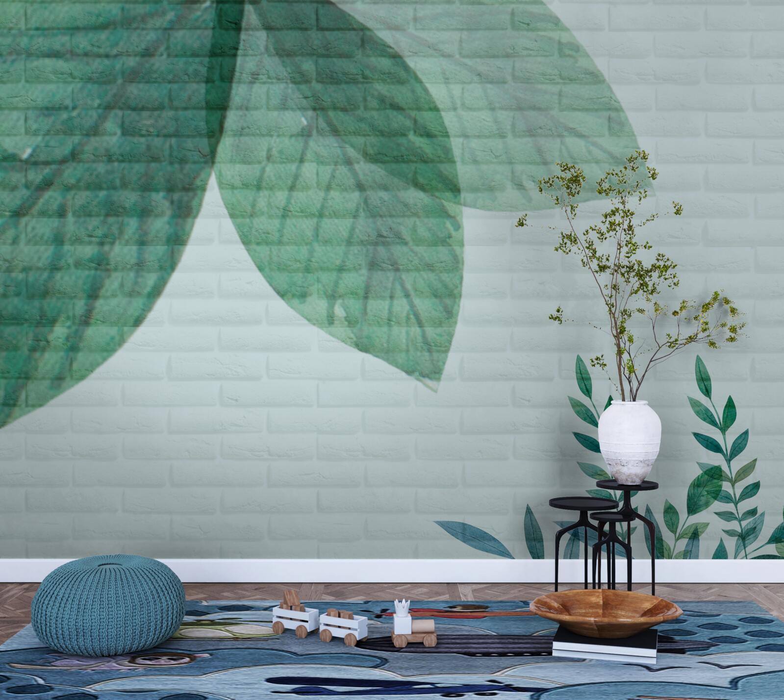 Fototapeta akvarel zelené listy na tehlovej stene