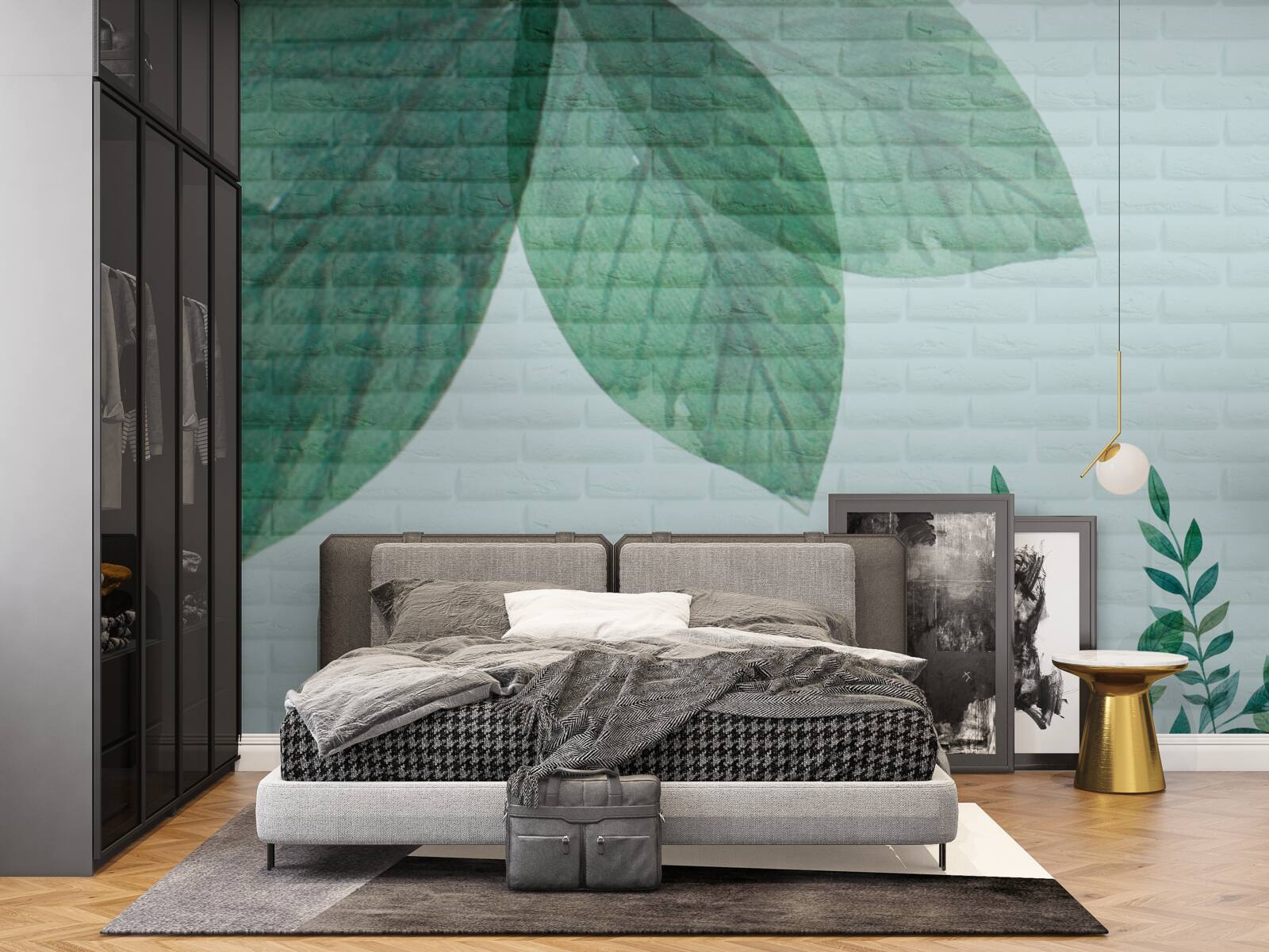 Fototapeta akvarel zelené listy na tehlovej stene