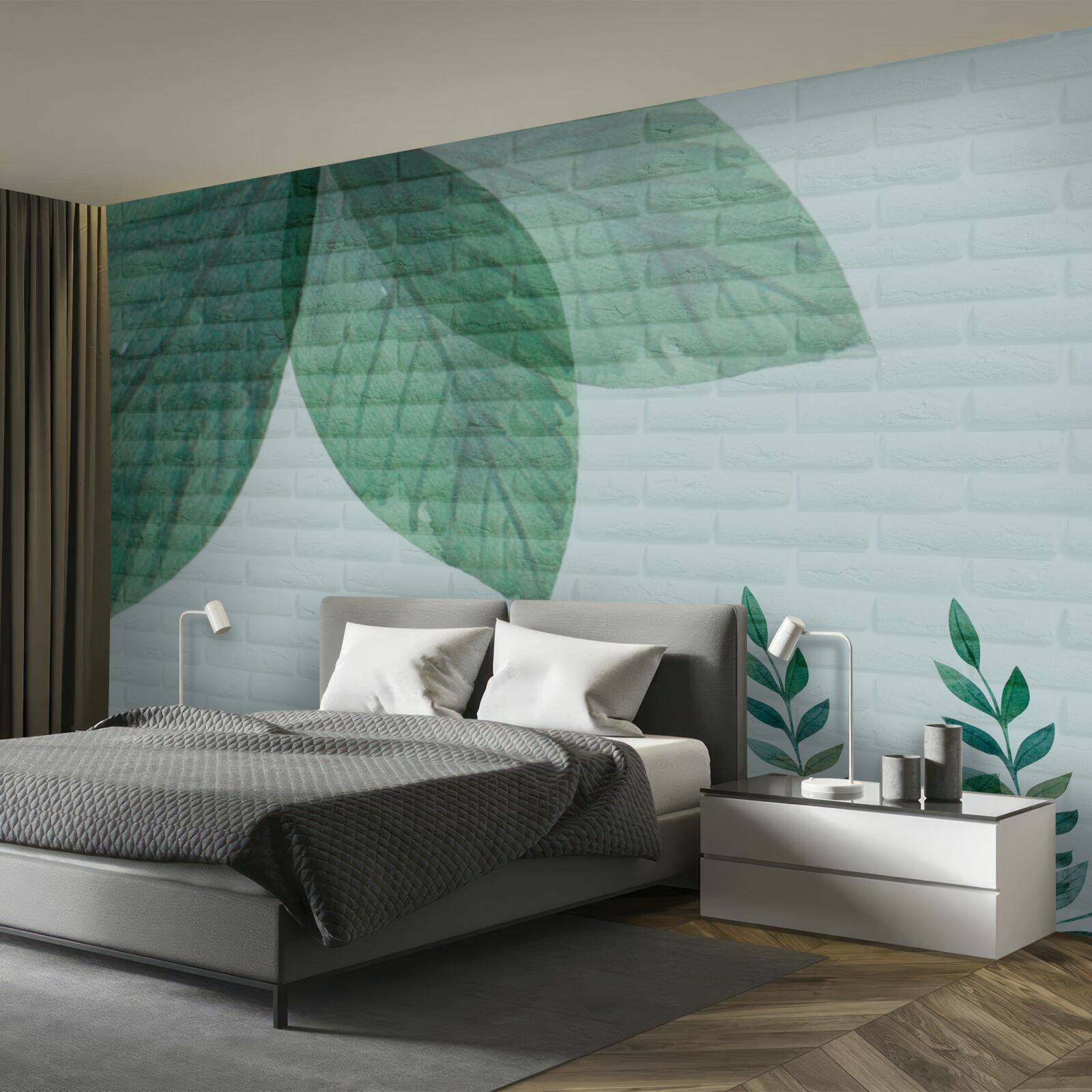 Fototapeta akvarel zelené listy na tehlovej stene