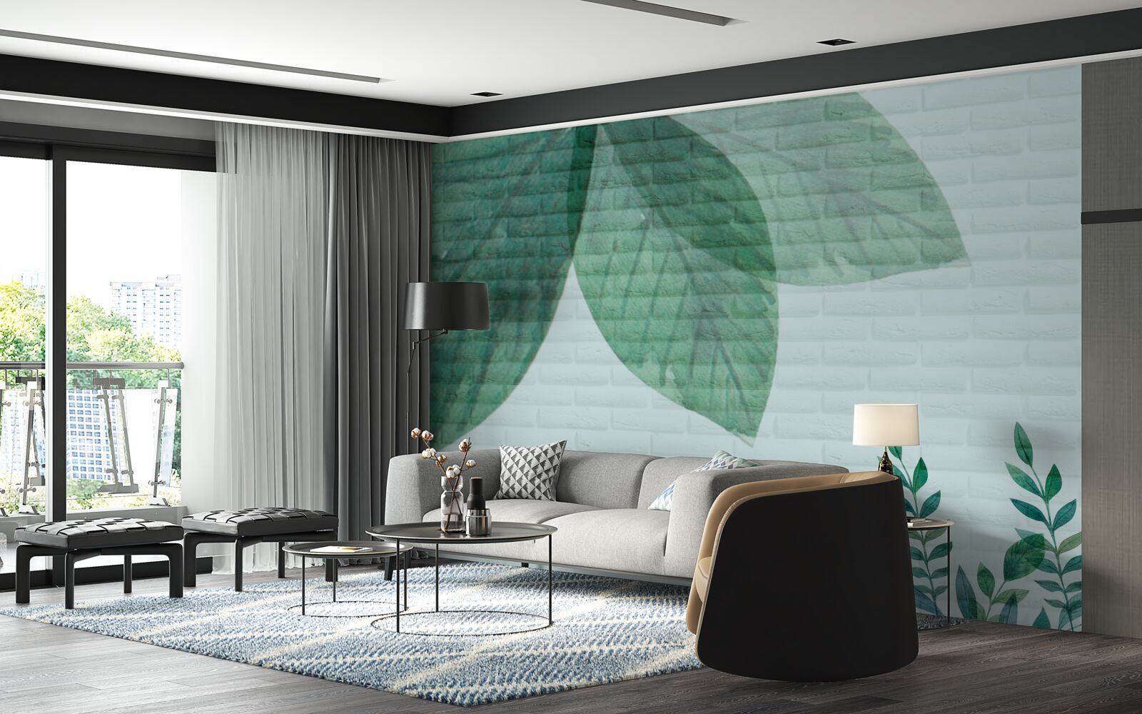 Fototapeta akvarel zelené listy na tehlovej stene