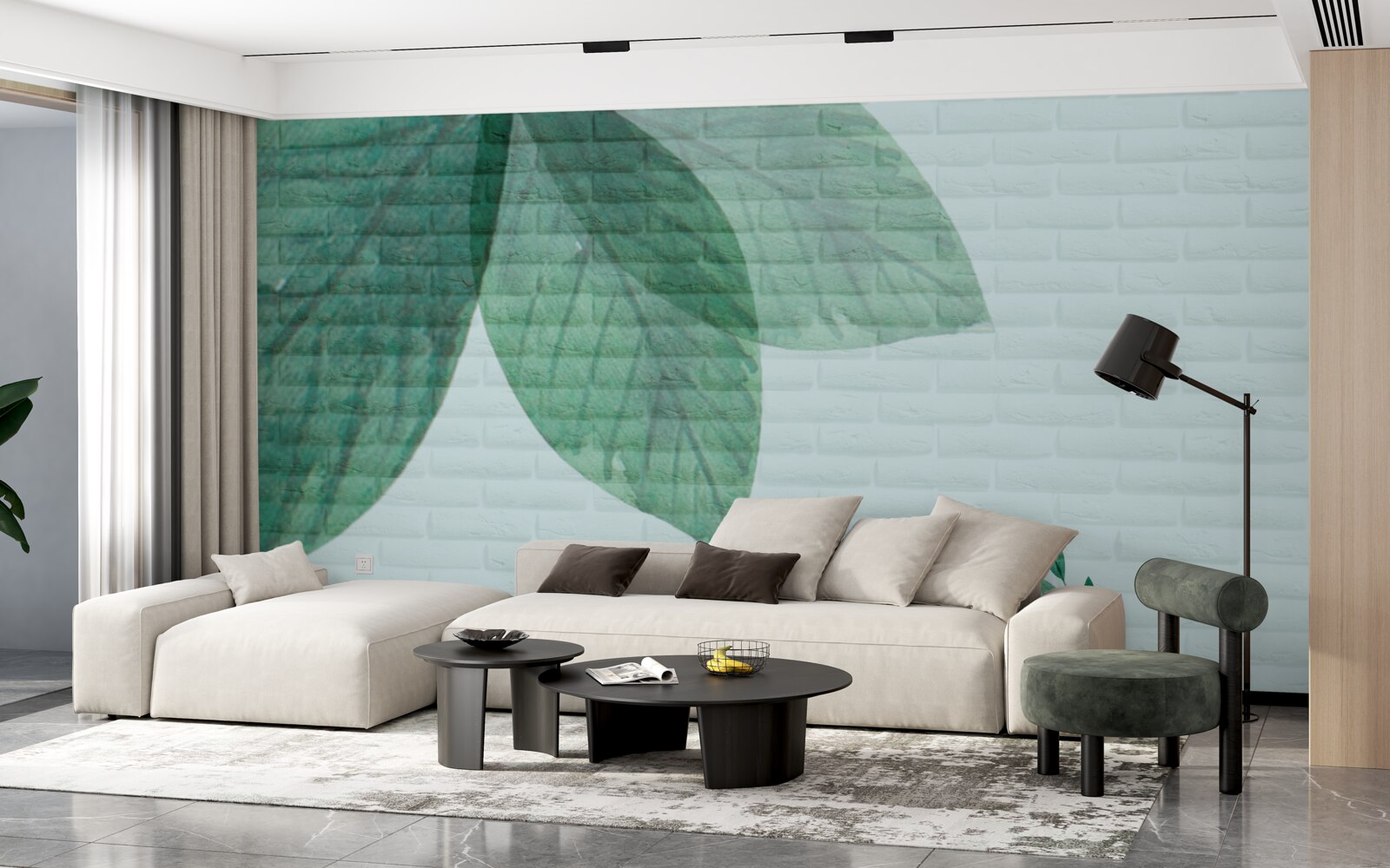 Fototapeta akvarel zelené listy na tehlovej stene