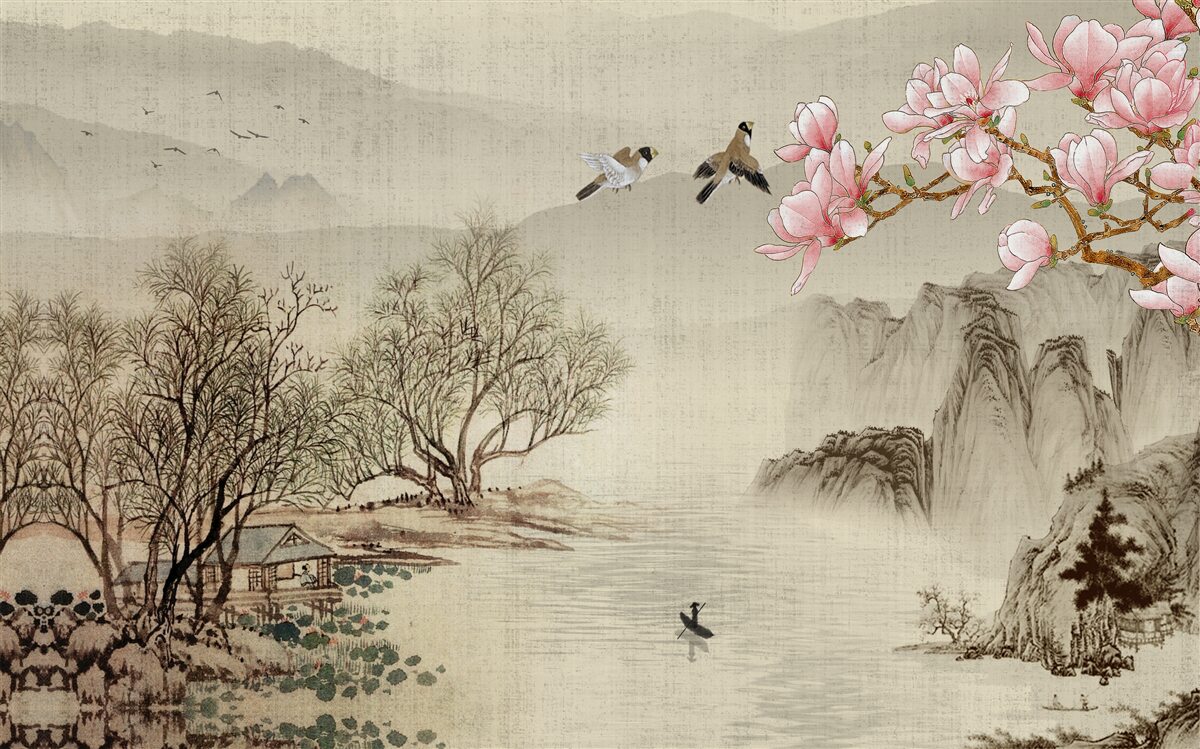 Fototapeta rozkvitnutá magnólia a pokojná rieka v horách