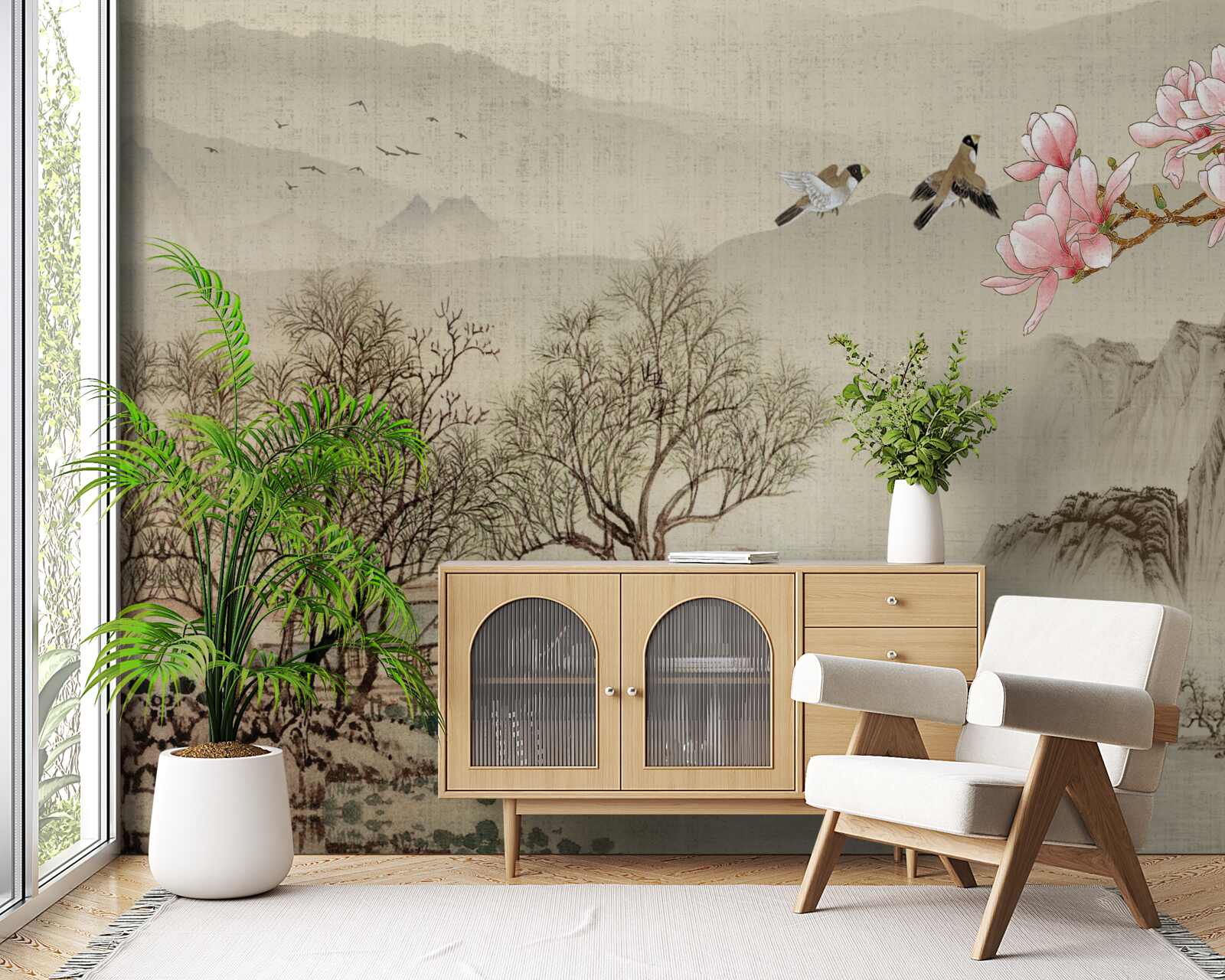 Fototapeta rozkvitnutá magnólia a pokojná rieka v horách