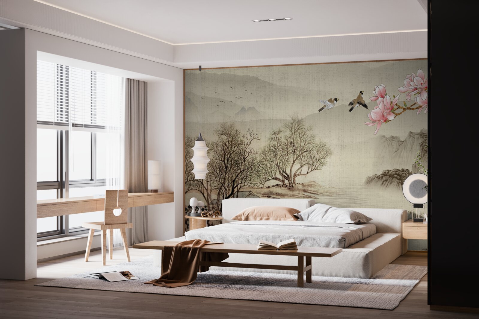 Fototapeta rozkvitnutá magnólia a pokojná rieka v horách