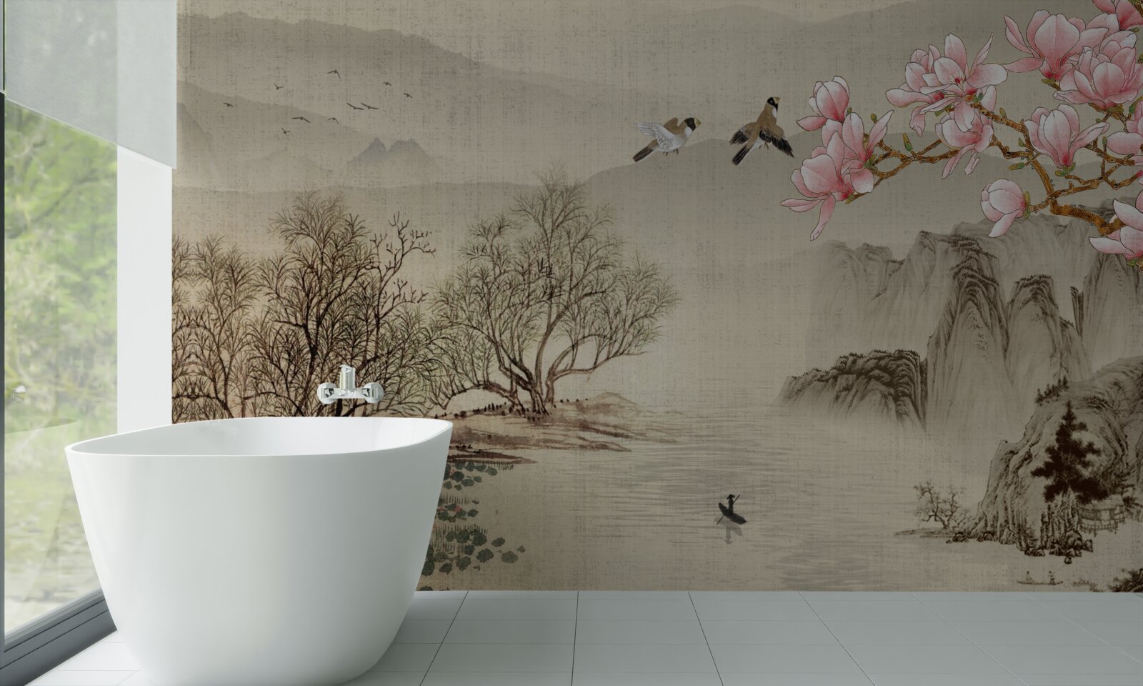 Fototapeta rozkvitnutá magnólia a pokojná rieka v horách