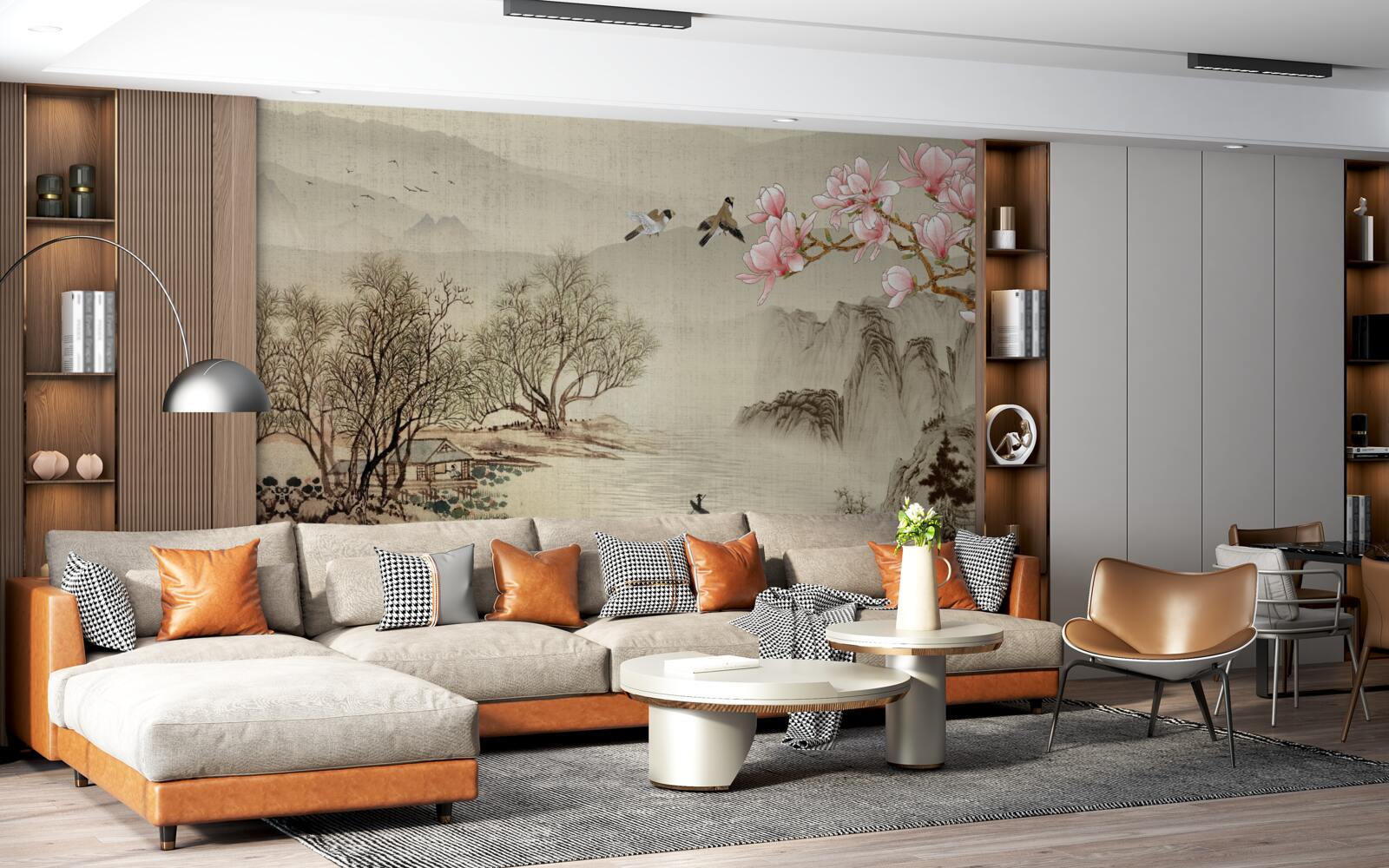 Fototapeta rozkvitnutá magnólia a pokojná rieka v horách