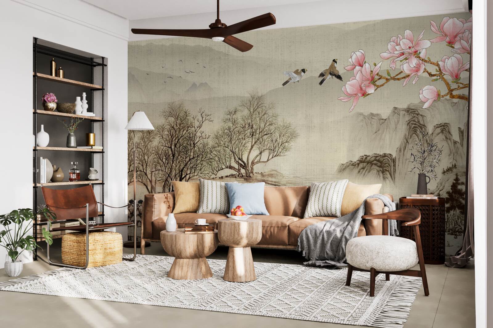 Fototapeta rozkvitnutá magnólia a pokojná rieka v horách