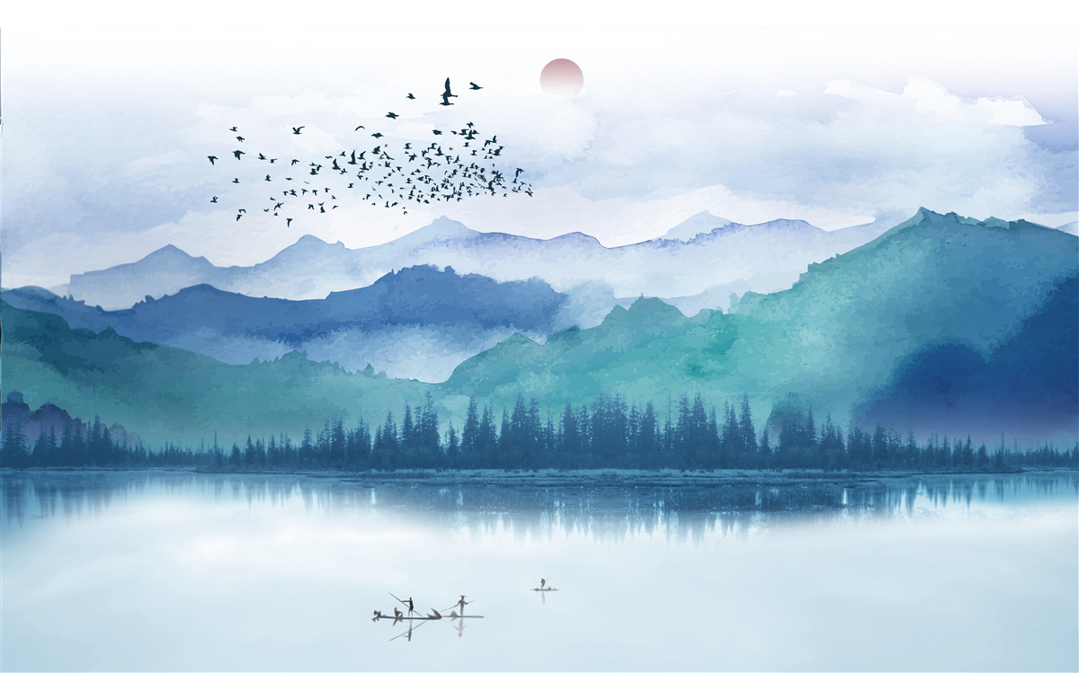 Fototapeta kŕdeľ vtákov prechádza cez horské jazero na pozadí zapadajúceho slnka