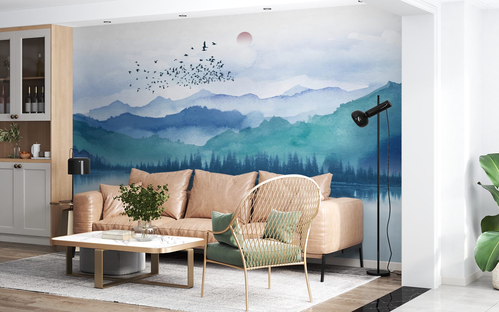 Fototapeta kŕdeľ vtákov prechádza cez horské jazero na pozadí zapadajúceho slnka