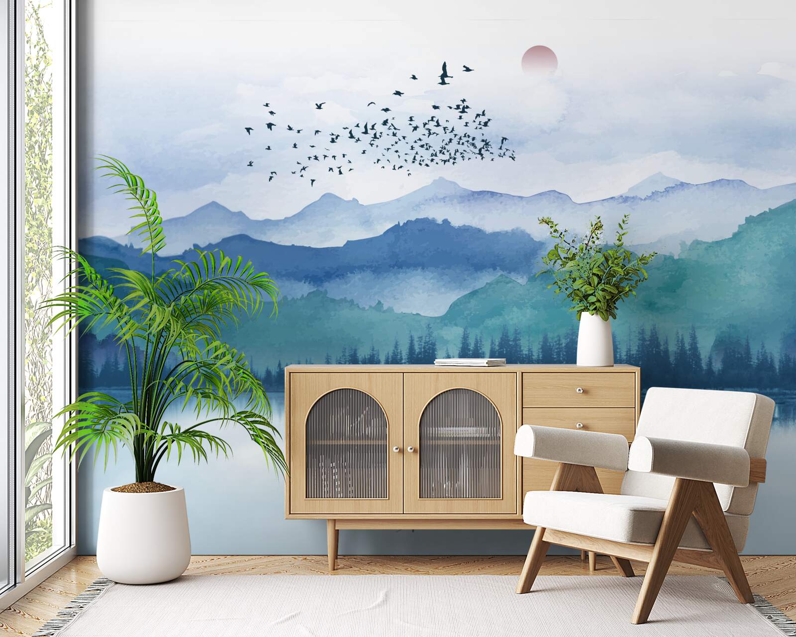 Fototapeta kŕdeľ vtákov prechádza cez horské jazero na pozadí zapadajúceho slnka