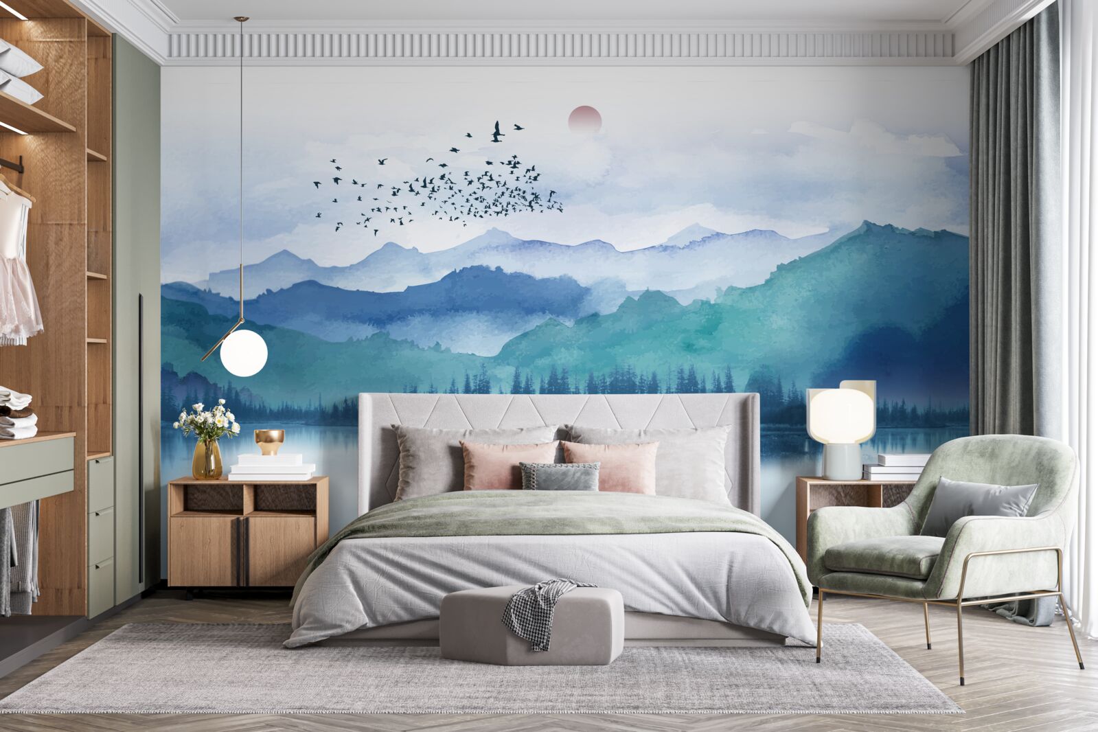 Fototapeta kŕdeľ vtákov prechádza cez horské jazero na pozadí zapadajúceho slnka