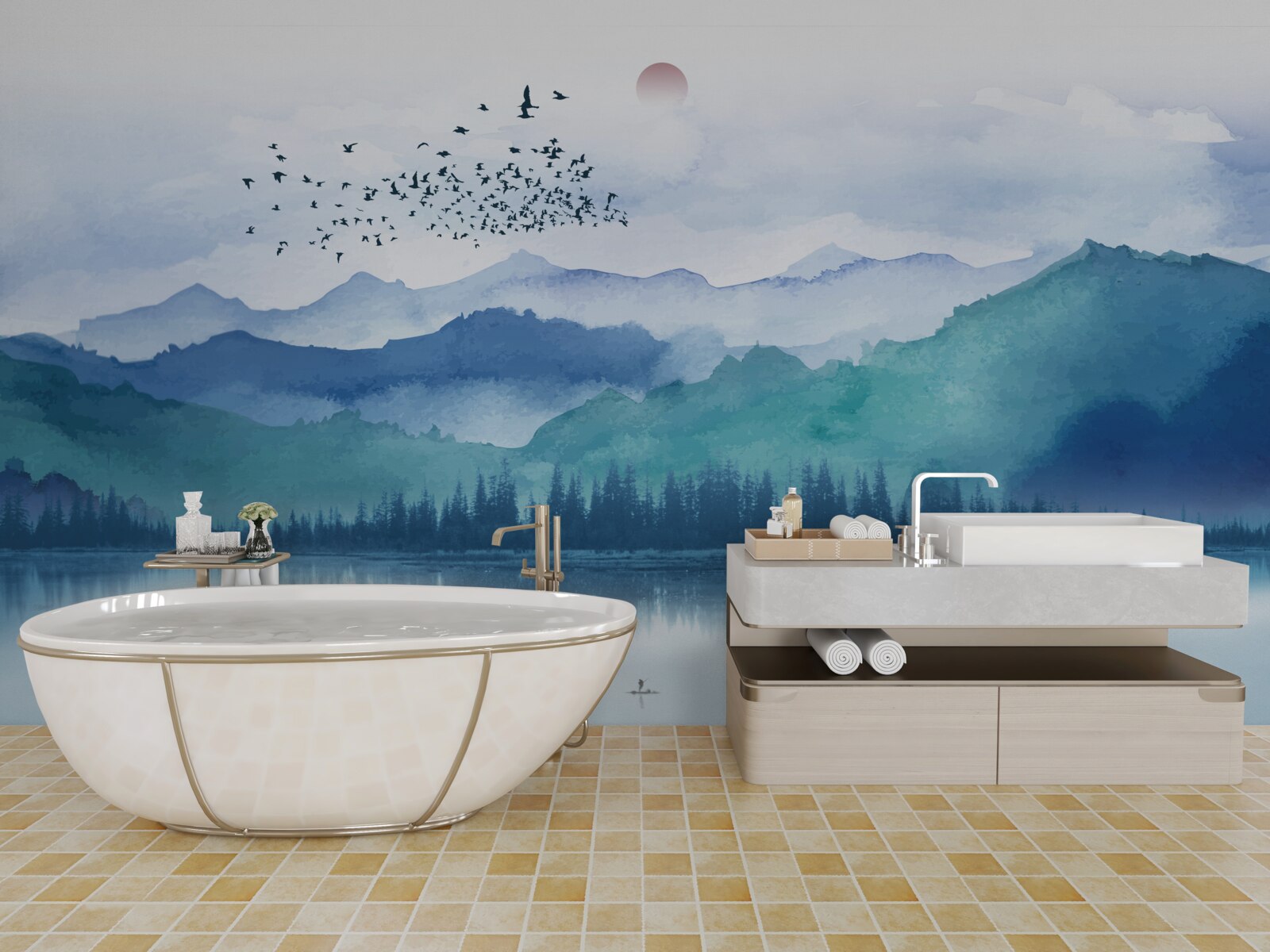 Fototapeta kŕdeľ vtákov prechádza cez horské jazero na pozadí zapadajúceho slnka