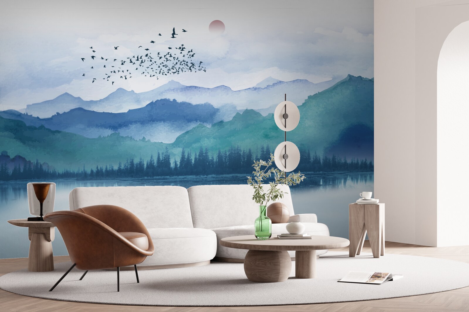 Fototapeta kŕdeľ vtákov prechádza cez horské jazero na pozadí zapadajúceho slnka