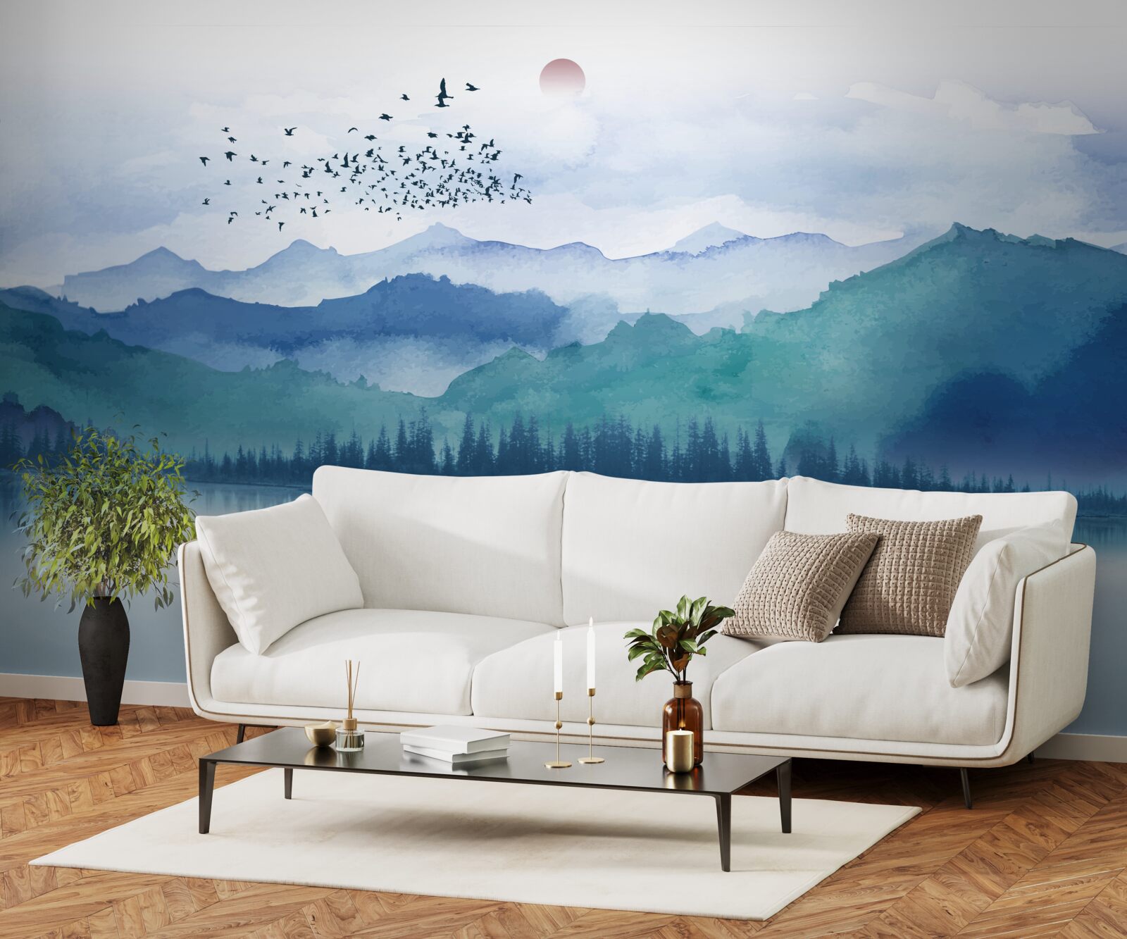 Fototapeta kŕdeľ vtákov prechádza cez horské jazero na pozadí zapadajúceho slnka
