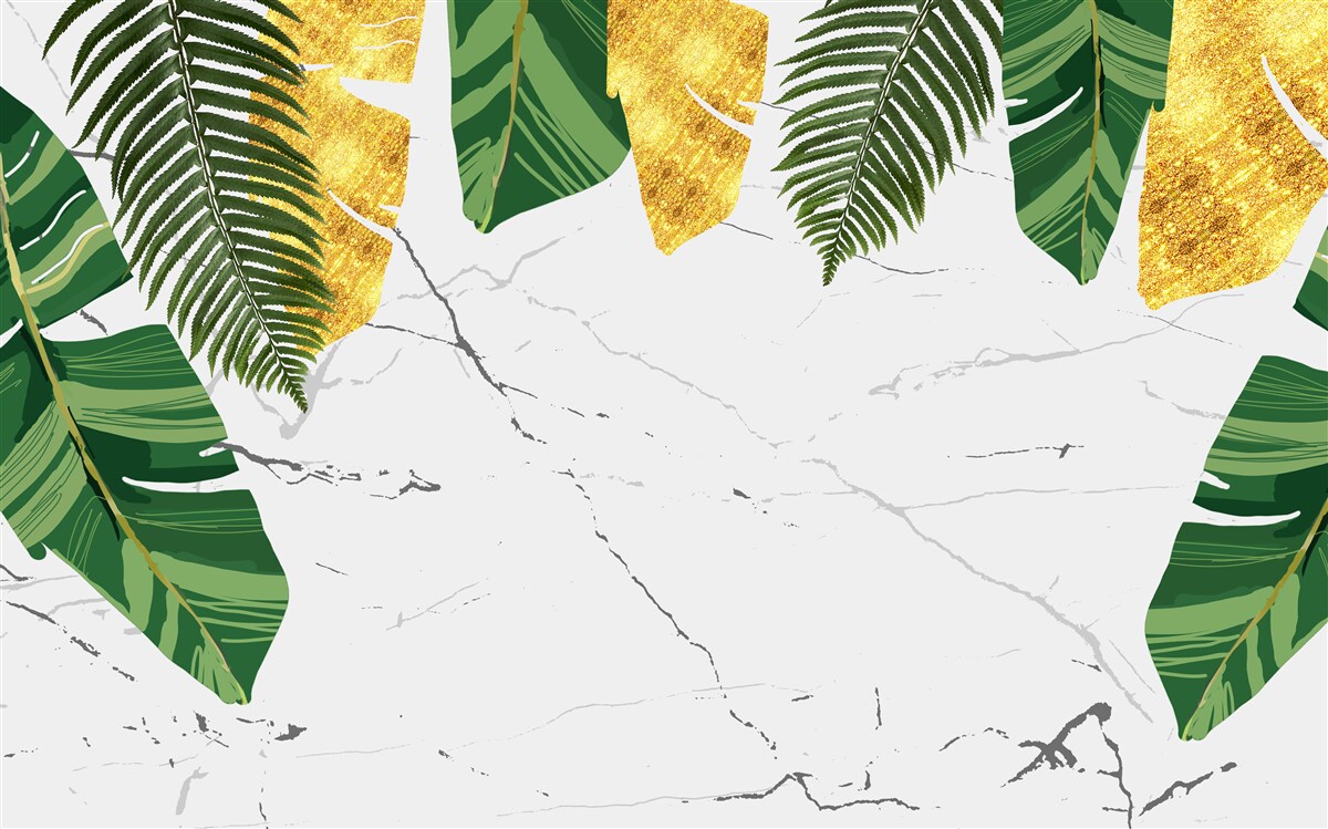 Fototapeta zelené a žlté listy na snehobielom mramore