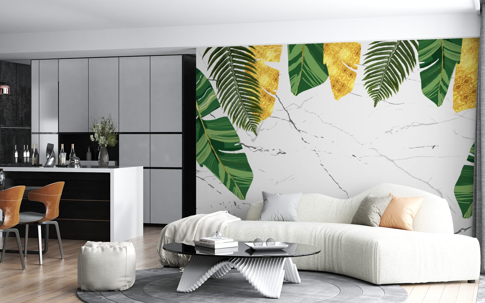 Fototapeta zelené a žlté listy na snehobielom mramore