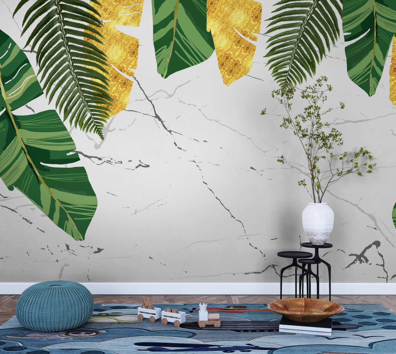 Fototapeta zelené a žlté listy na snehobielom mramore