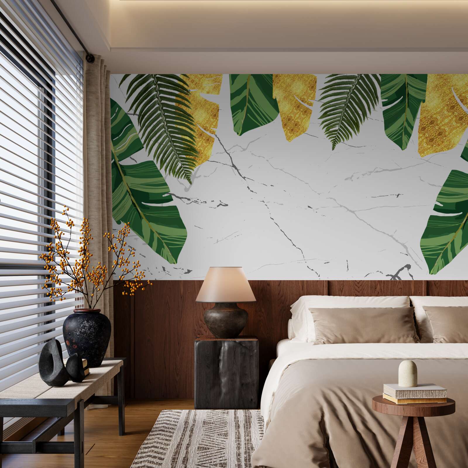 Fototapeta zelené a žlté listy na snehobielom mramore