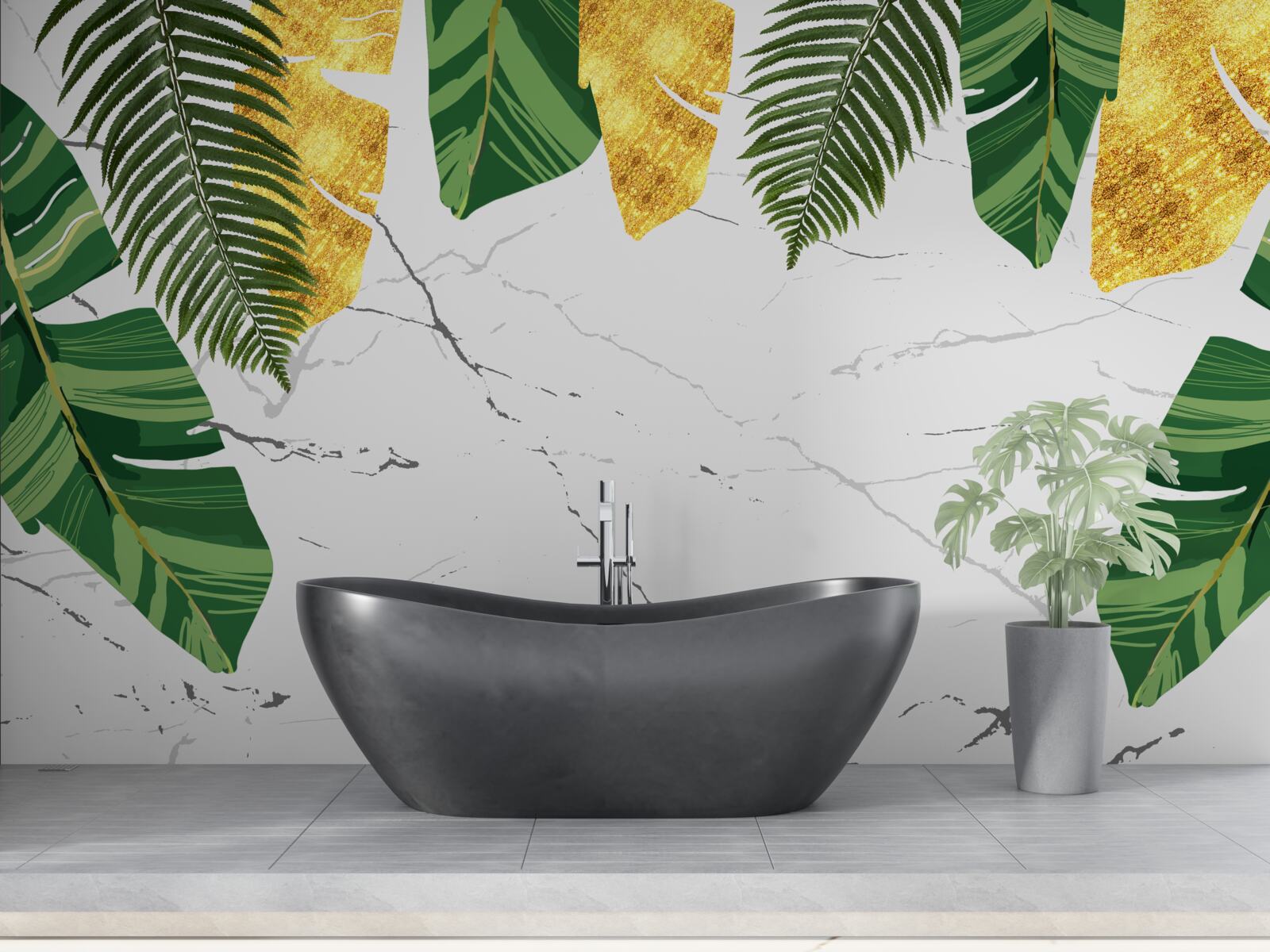 Fototapeta zelené a žlté listy na snehobielom mramore