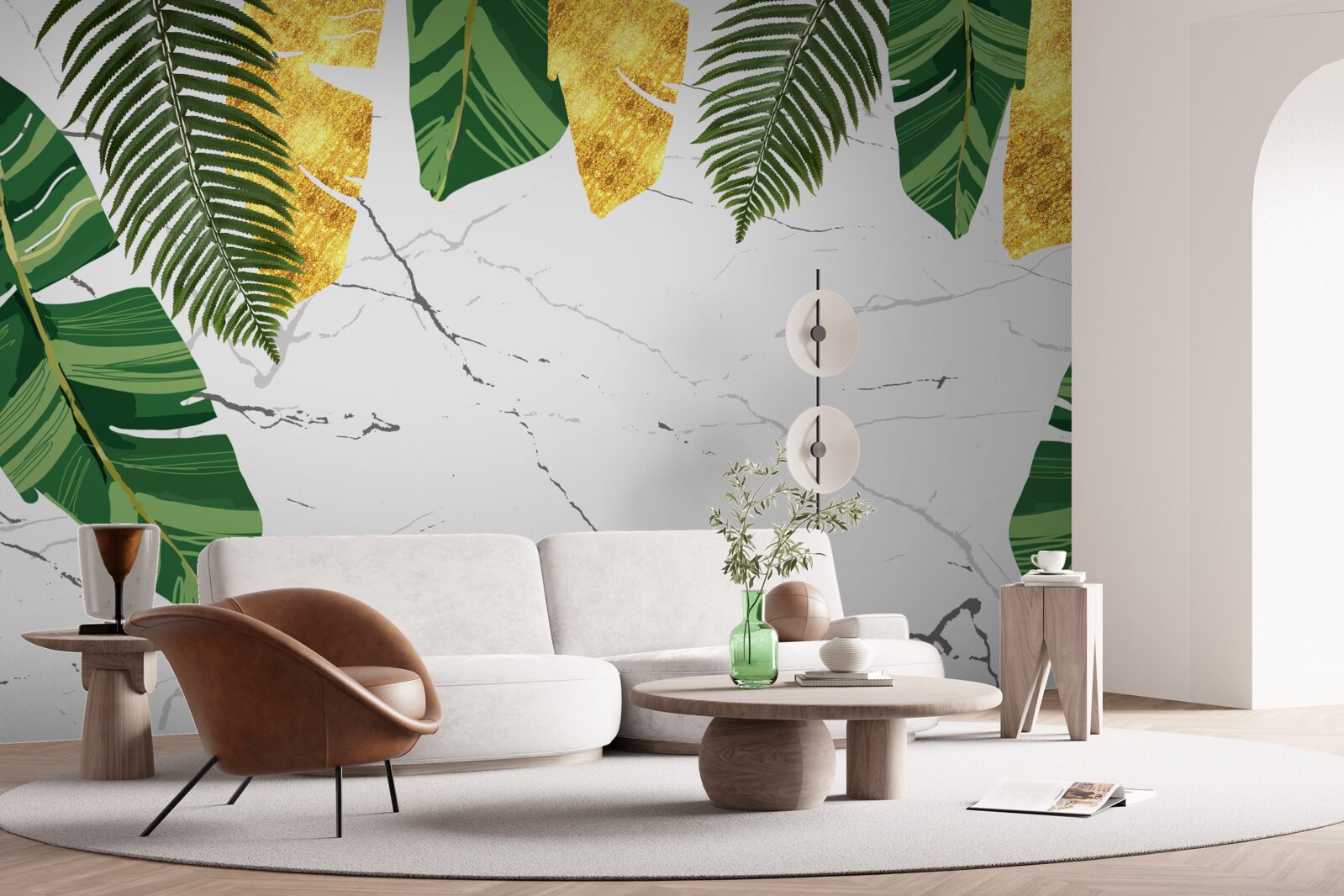 Fototapeta zelené a žlté listy na snehobielom mramore